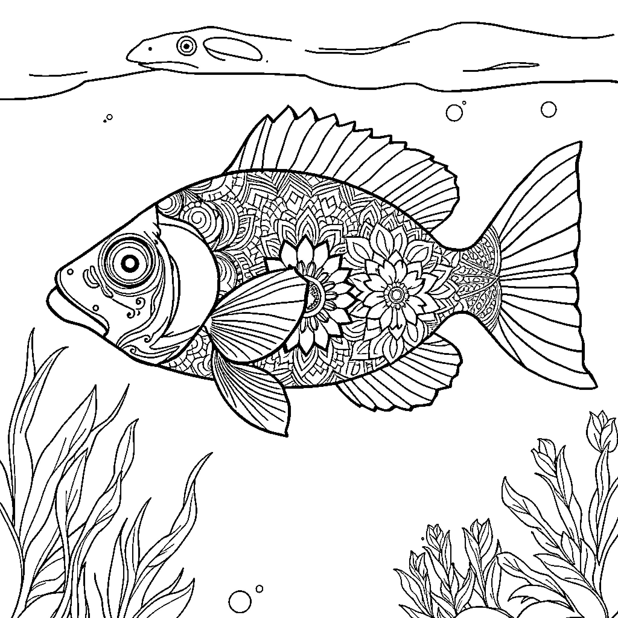 Fish with ornate patterns swimming underwater Coloring Page (free black-and-white line drawing printable PDF for all, from beginners to advanced learners, including children, teens, adults, and seniors)