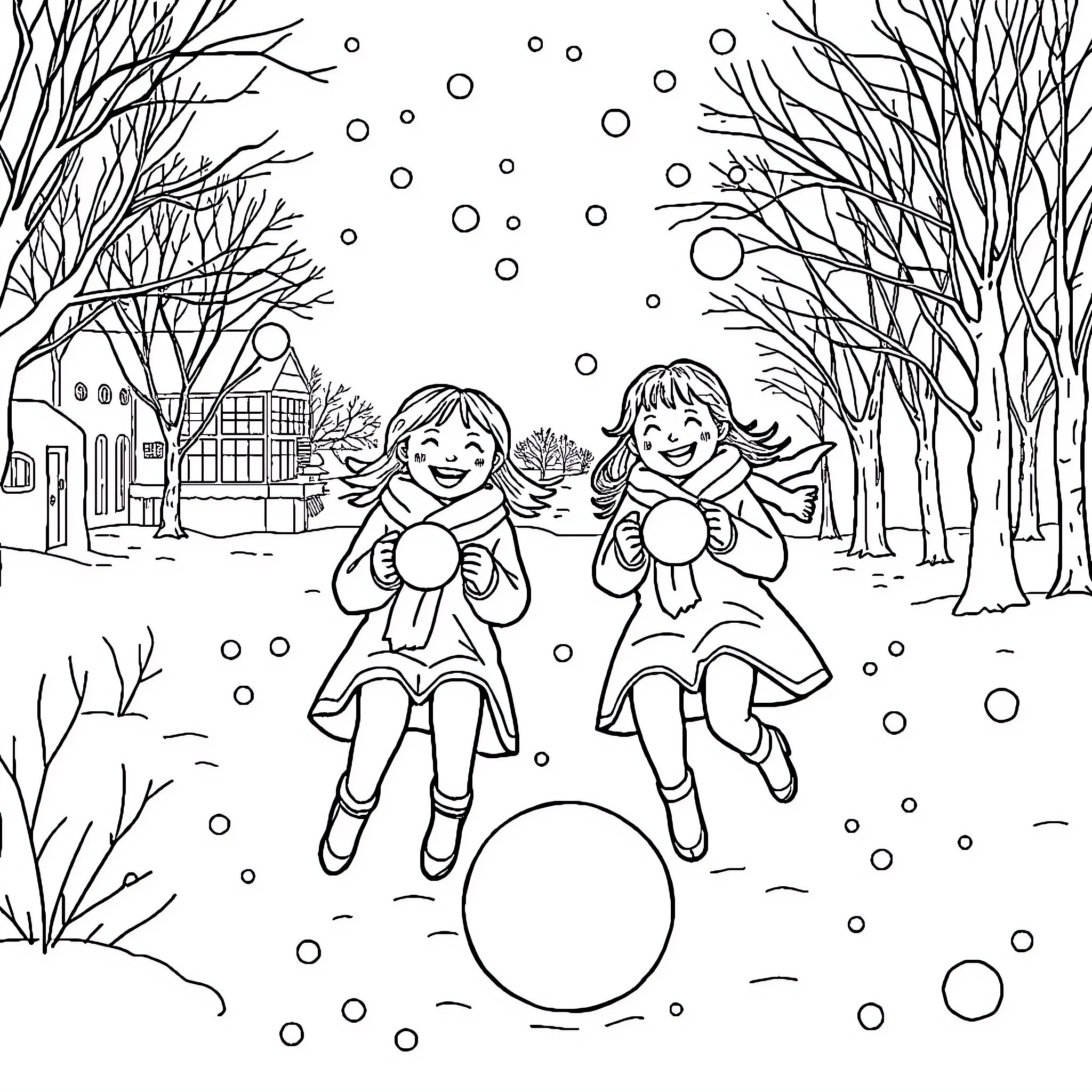 Filles playing joyfully in the snowy winter wonderland Coloring Page (free black-and-white line drawing printable PDF for all, from beginners to advanced learners, including children, teens, adults, and seniors)