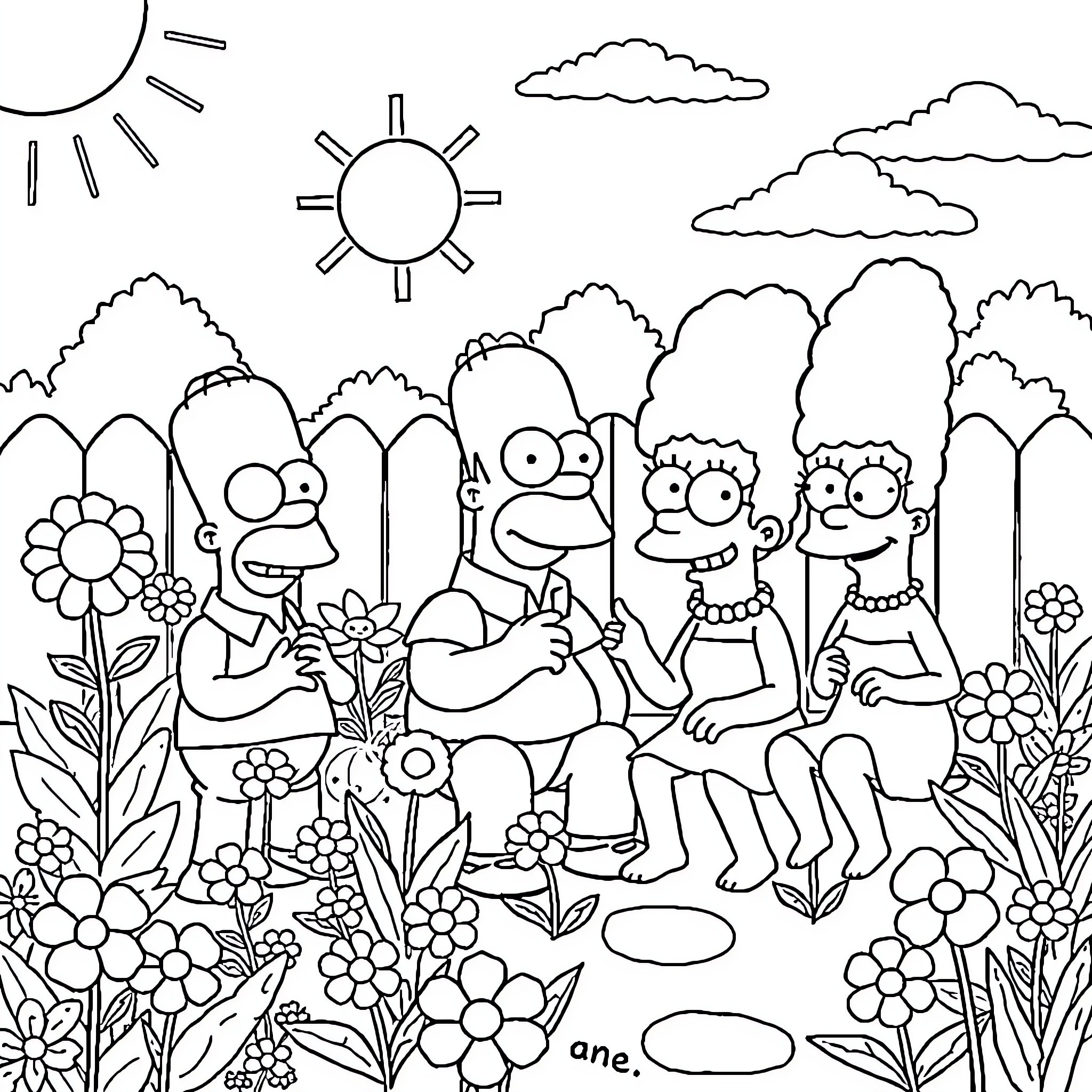 Simpsons family enjoying nature outdoors Coloring Page (free black-and-white line drawing printable PDF for all, from beginners to advanced learners, including children, teens, adults, and seniors)