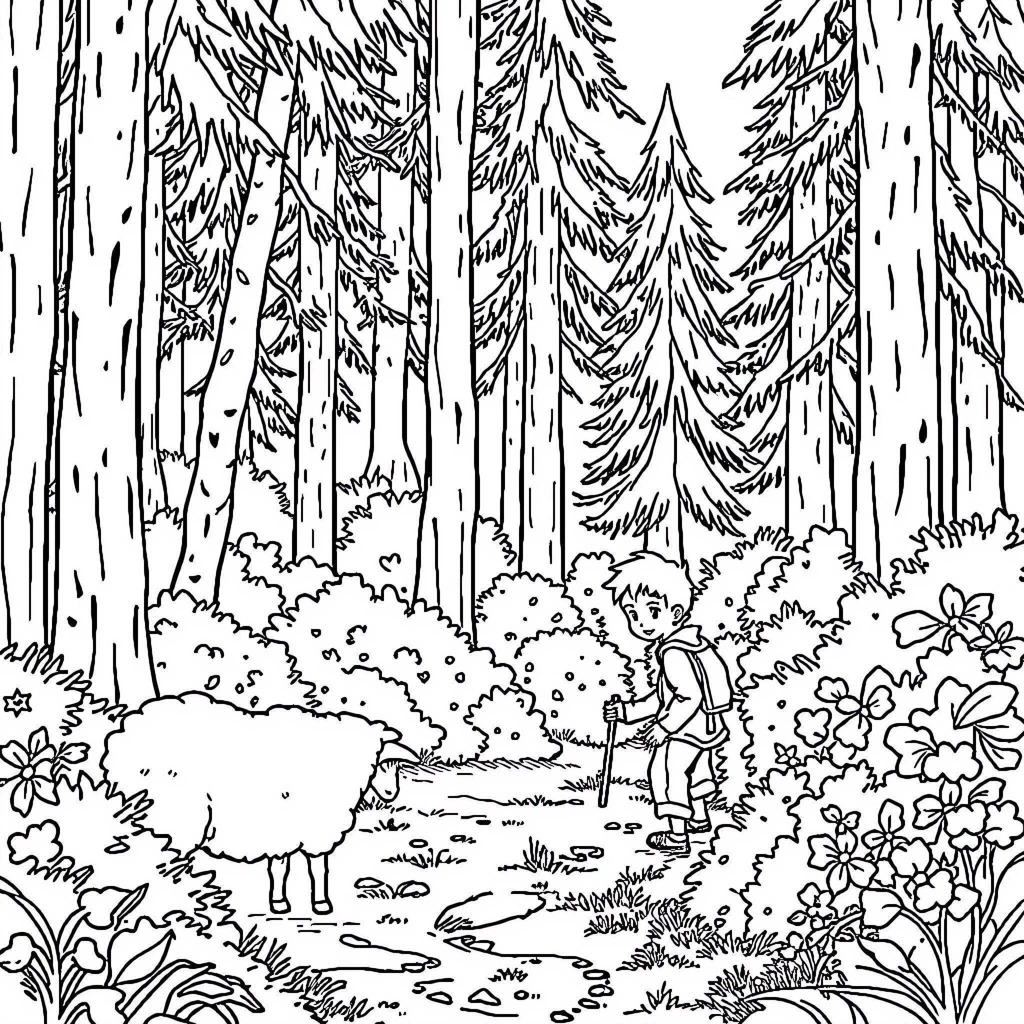 Shepherd exploring enchanted forest landscape Coloring Page (free black-and-white line drawing printable PDF for all, from beginners to advanced learners, including children, teens, adults, and seniors)