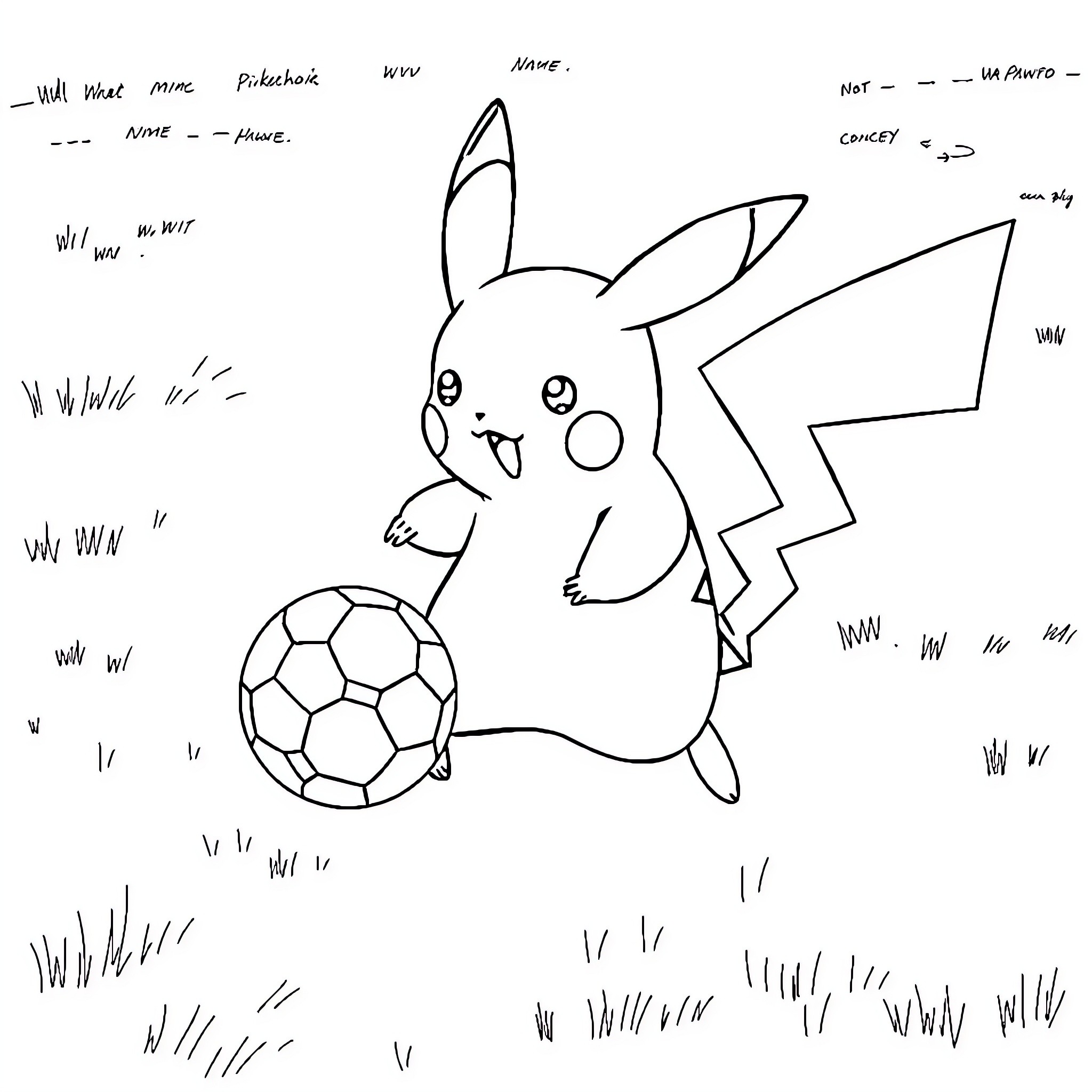 Pikachu playing with a soccer ball Coloring Page (free black-and-white line drawing printable PDF for all, from beginners to advanced learners, including children, teens, adults, and seniors)