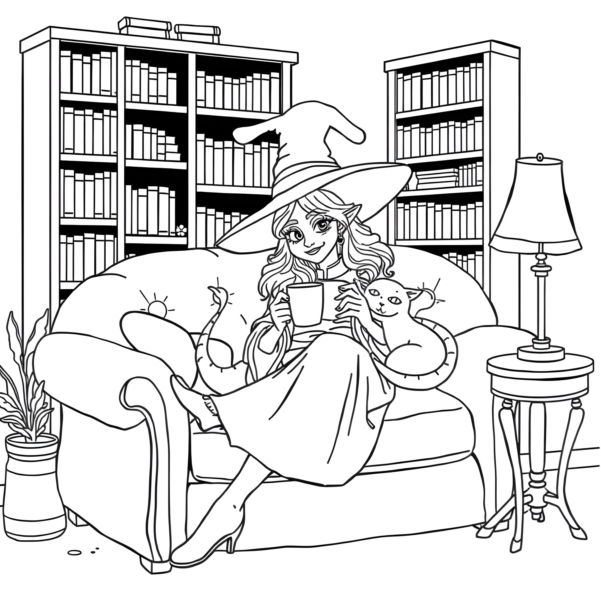 Witch relaxing with cats in cozy library Coloring Page (free black-and-white line drawing printable PDF for all, from beginners to advanced learners, including children, teens, adults, and seniors)
