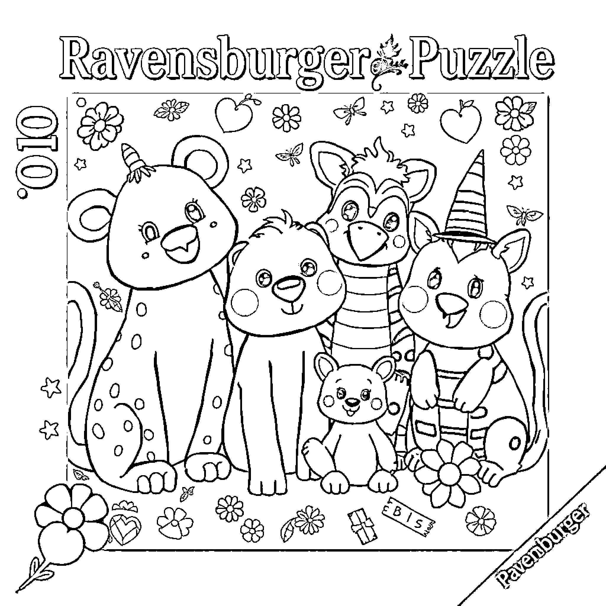 Gelini's Whimsical Animal Puzzle Coloring Page (free black-and-white line drawing printable PDF for all, from beginners to advanced learners, including children, teens, adults, and seniors)