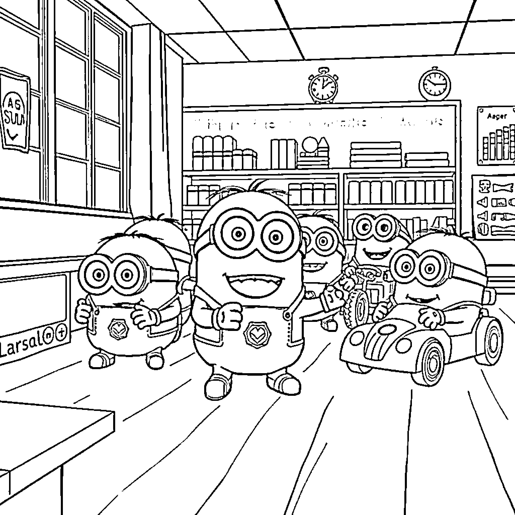 Minions Playing Happily in Classroom Coloring Page (free black-and-white line drawing printable PDF for all, from beginners to advanced learners, including children, teens, adults, and seniors)