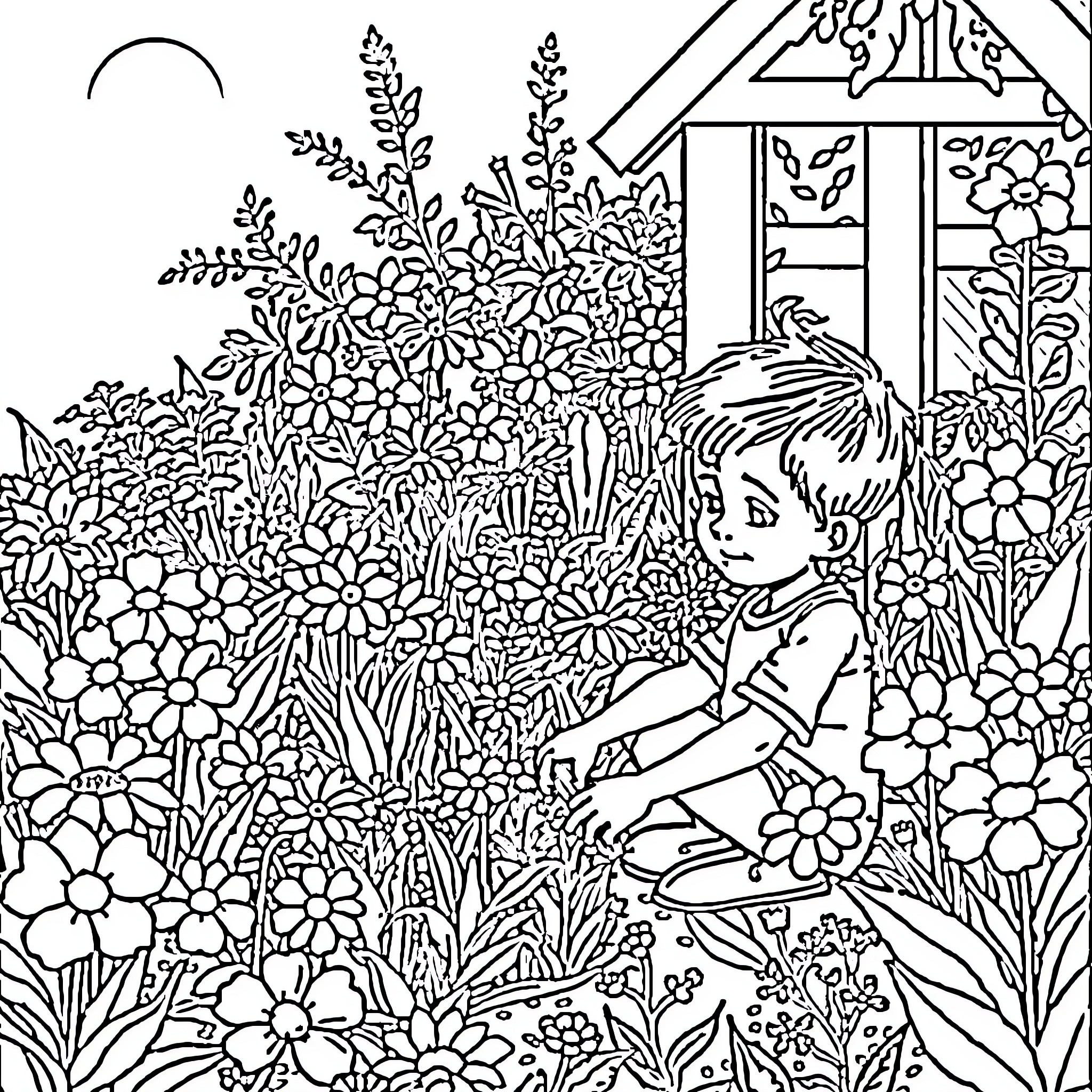 Boy exploring a lush garden filled with flowers Coloring Page (free black-and-white line drawing printable PDF for all, from beginners to advanced learners, including children, teens, adults, and seniors)