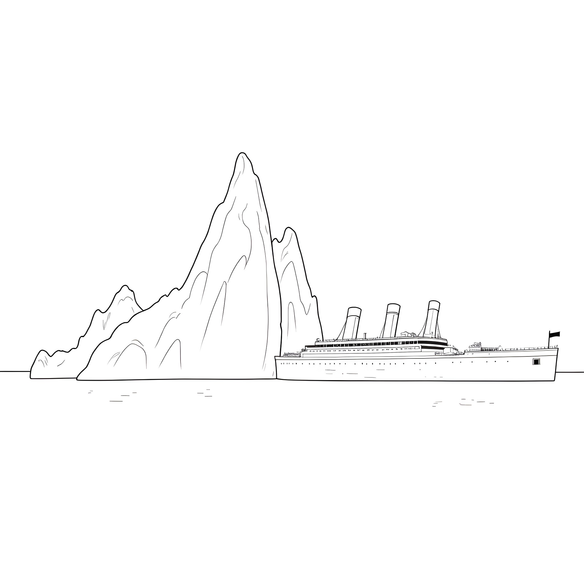 Titanic Ship Sails Towards Icy Mountain Peaks Coloring Page (free black-and-white line drawing printable PDF for all, from beginners to advanced learners, including children, teens, adults, and seniors)