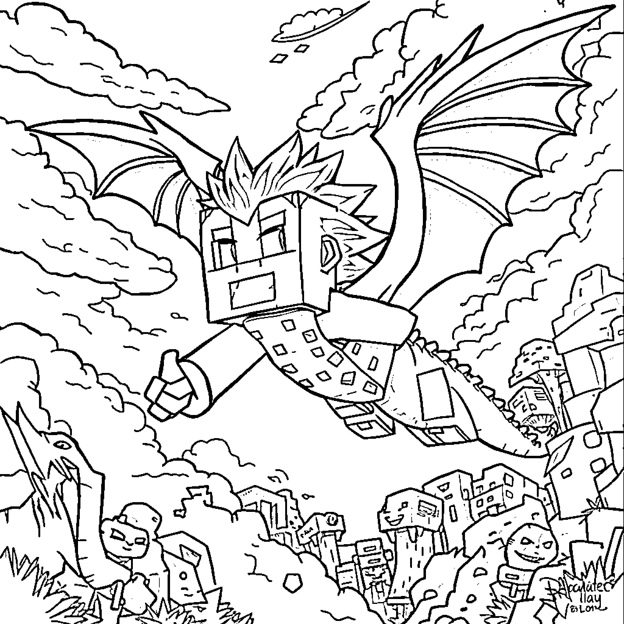 Creeper monster with wings attacking a city Coloring Page (free black-and-white line drawing printable PDF for all, from beginners to advanced learners, including children, teens, adults, and seniors)