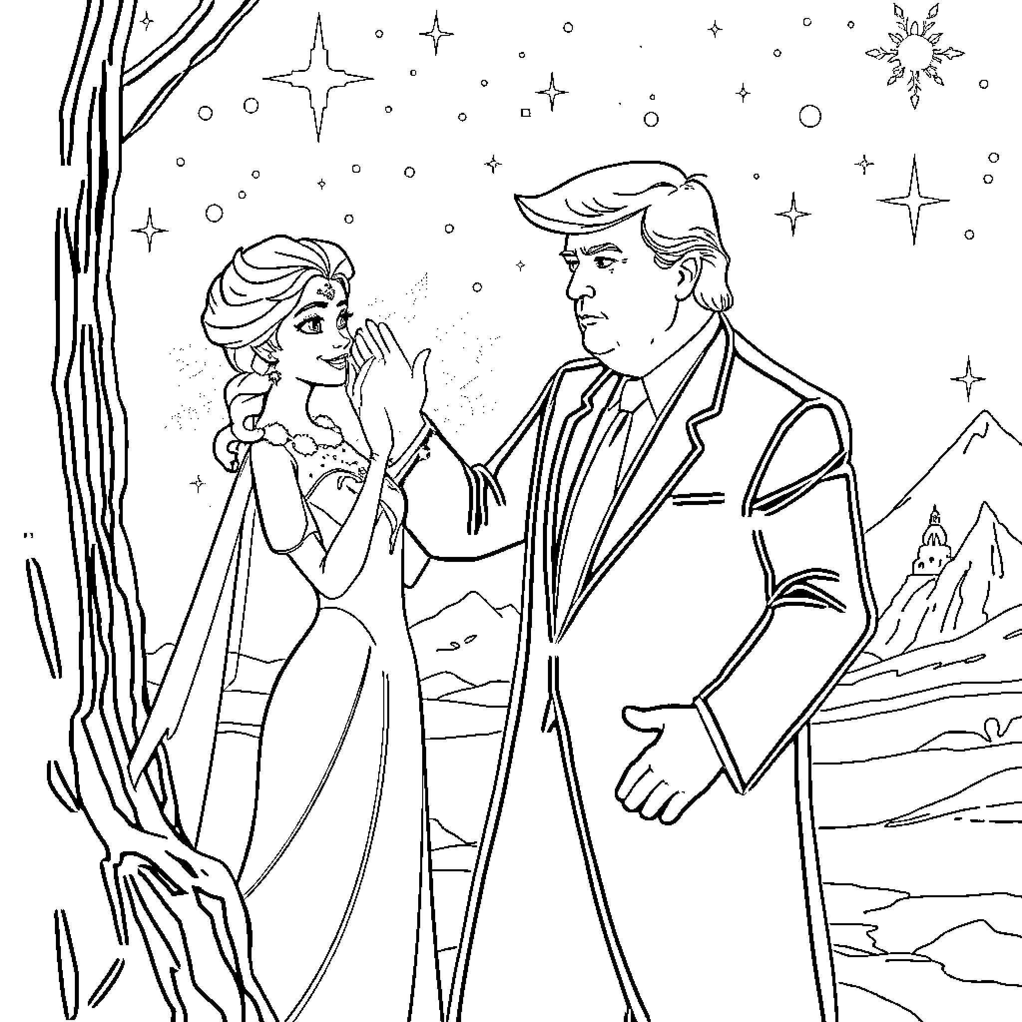 Queen and King in Snowy Enchanted Realm Coloring Page (free black-and-white line drawing printable PDF for all, from beginners to advanced learners, including children, teens, adults, and seniors)