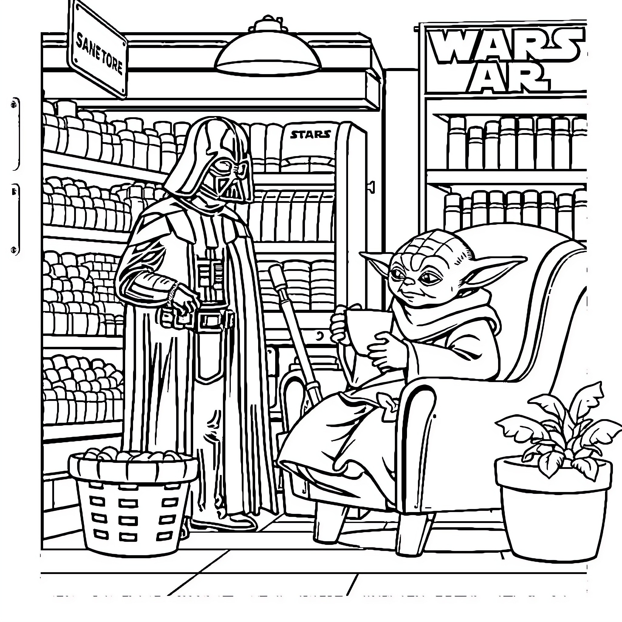 Star Wars Character Browsing Books at Galactic Marketplace Coloring Page (free black-and-white line drawing printable PDF for all, from beginners to advanced learners, including children, teens, adults, and seniors)