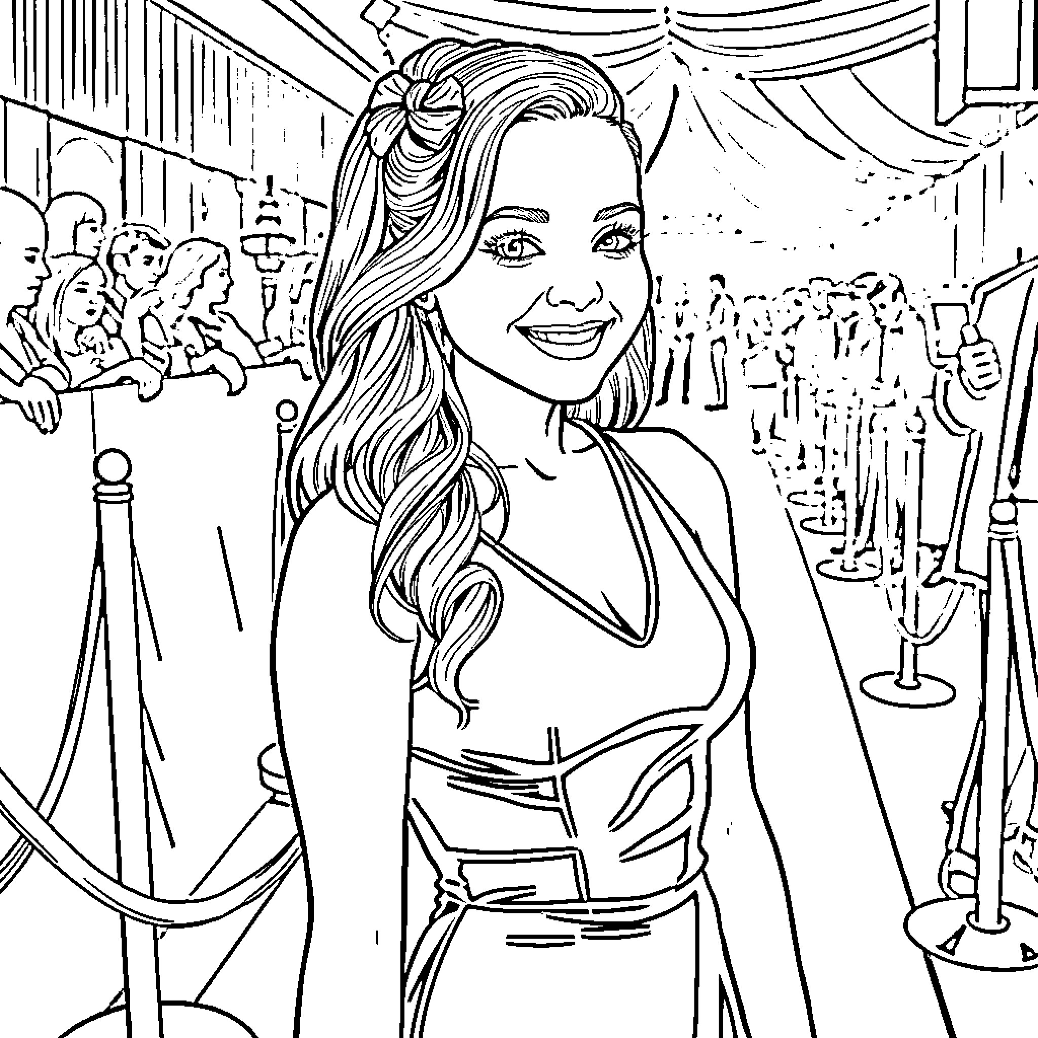 Sabrina Carpenter posing at a glamorous event Coloring Page (free black-and-white line drawing printable PDF for all, from beginners to advanced learners, including children, teens, adults, and seniors)