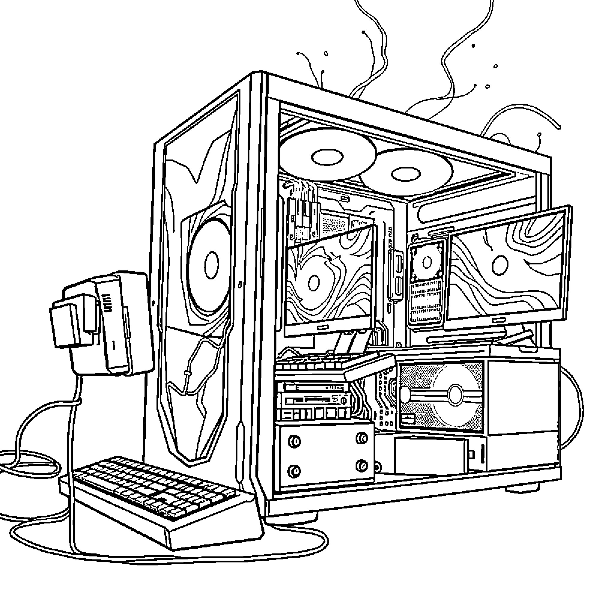 Gaming PC with advanced hardware and components Coloring Page (free black-and-white line drawing printable PDF for all, from beginners to advanced learners, including children, teens, adults, and seniors)