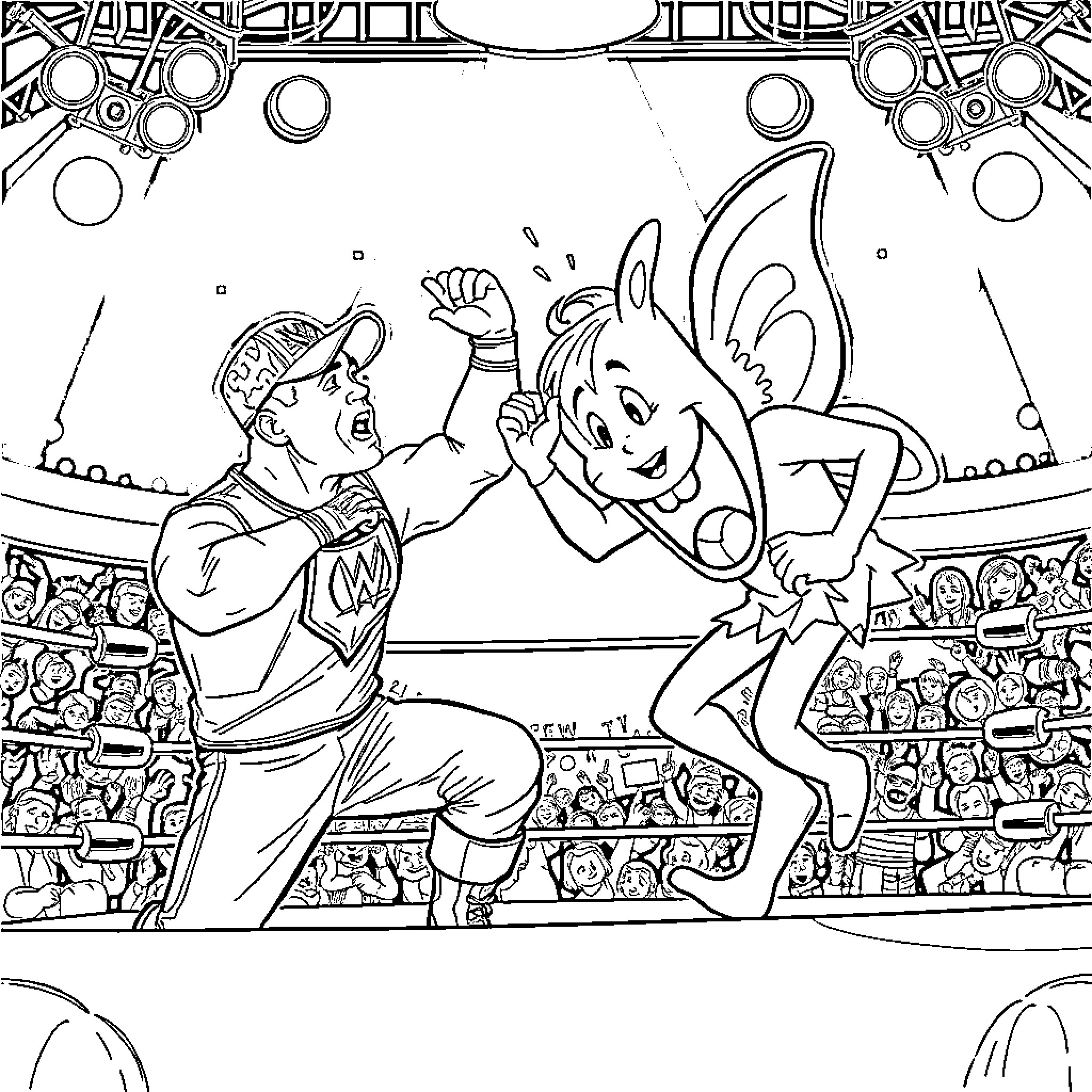 John Cena Wrestling with Cartoon Character in Ring Coloring Page (free black-and-white line drawing printable PDF for all, from beginners to advanced learners, including children, teens, adults, and seniors)