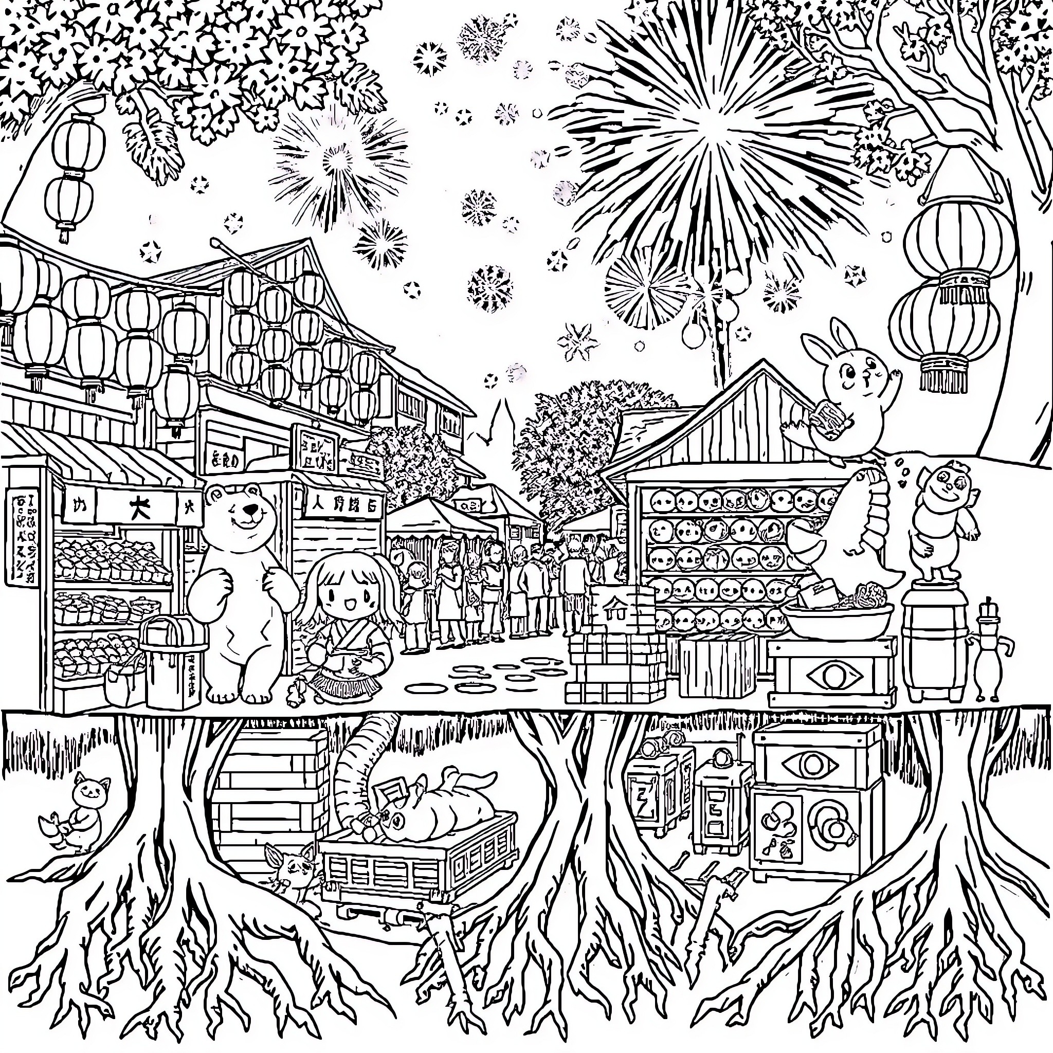 Festival of Festive Scenes and Celebrations Coloring Page (free black-and-white line drawing printable PDF for all, from beginners to advanced learners, including children, teens, adults, and seniors)