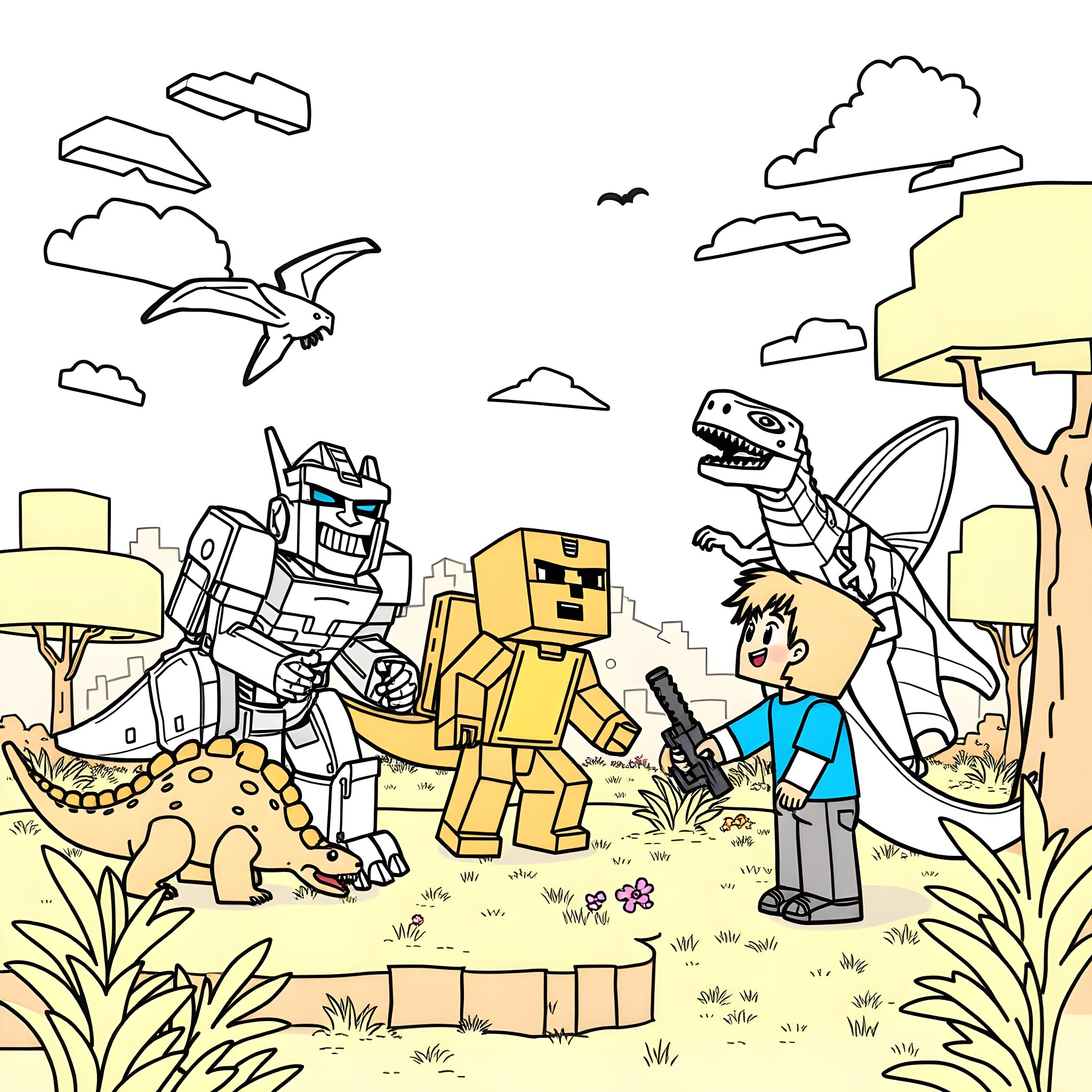 Boy exploring nature with robot and dinosaur friends Coloring Page (free black-and-white line drawing printable PDF for all, from beginners to advanced learners, including children, teens, adults, and seniors)