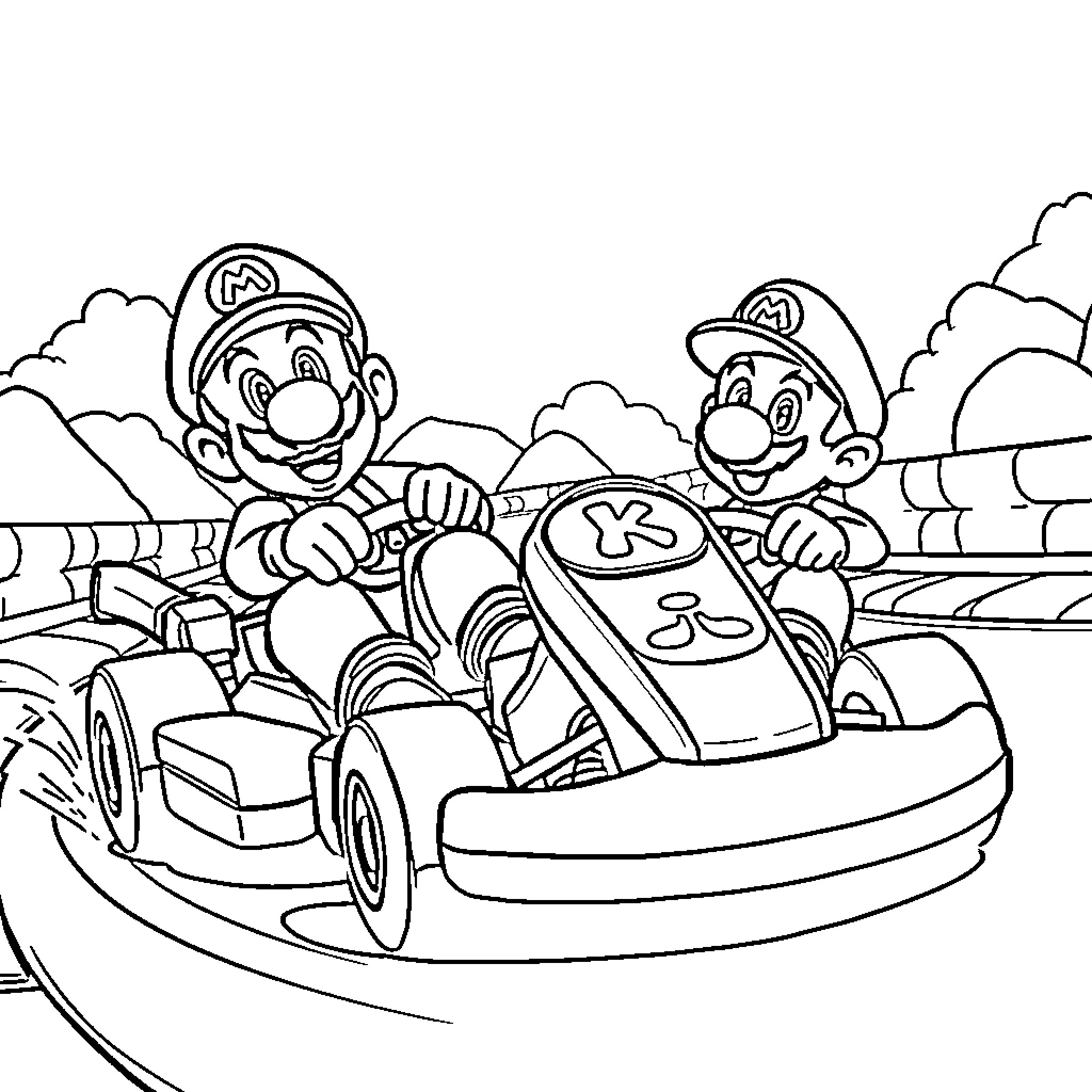 Mario and Luigi racing together in go-karts Coloring Page (free black-and-white line drawing printable PDF for all, from beginners to advanced learners, including children, teens, adults, and seniors)