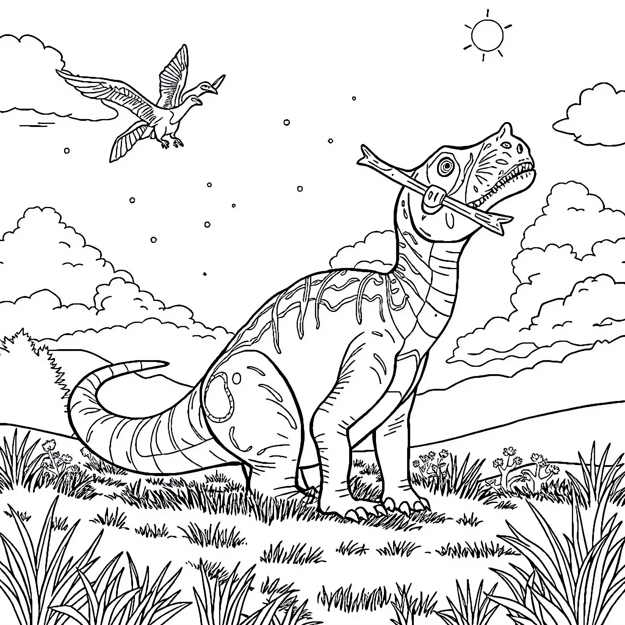 Dinosaur enjoying the scenic outdoors Coloring Page (free black-and-white line drawing printable PDF for all, from beginners to advanced learners, including children, teens, adults, and seniors)
