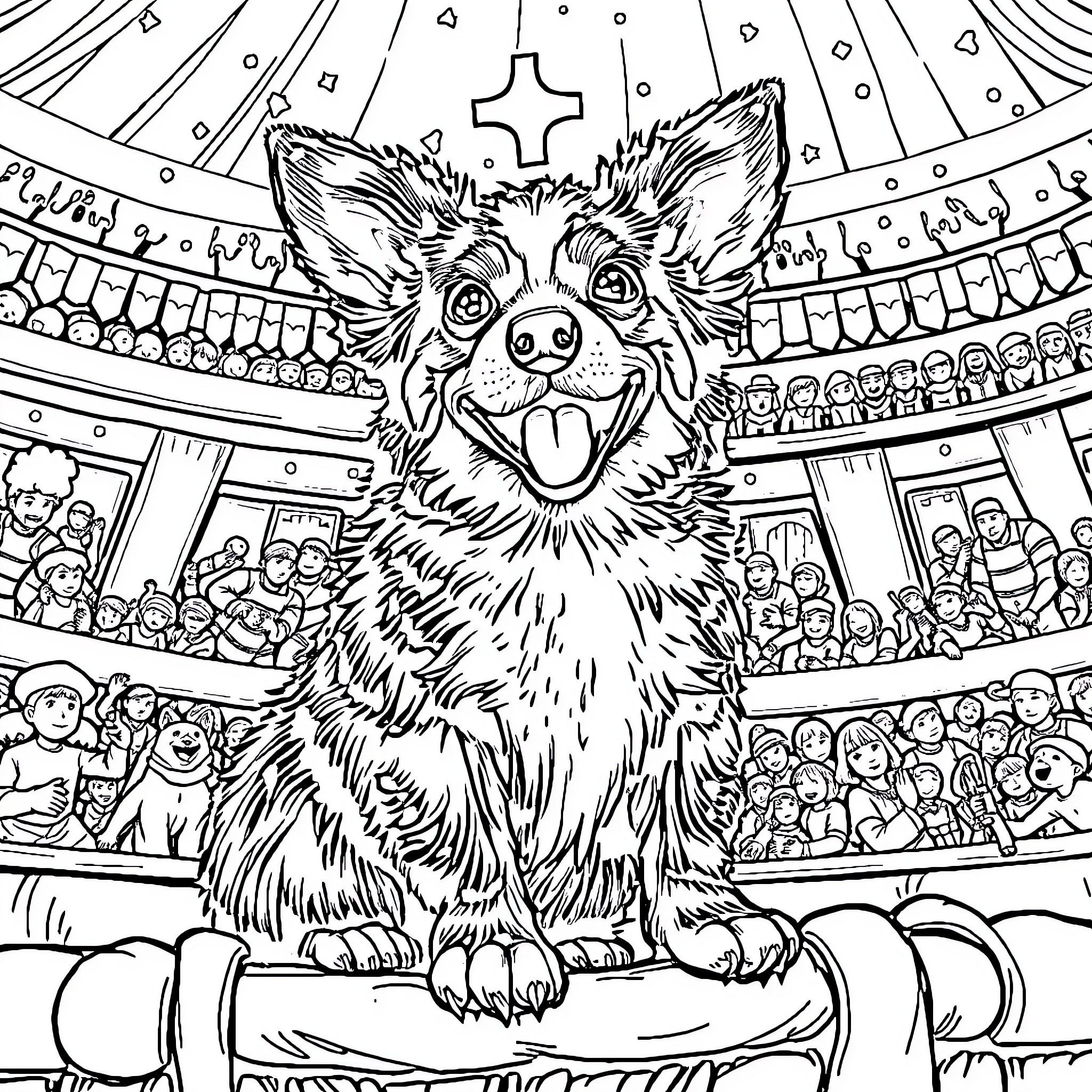Dachshund performing in a circus show Coloring Page (free black-and-white line drawing printable PDF for all, from beginners to advanced learners, including children, teens, adults, and seniors)