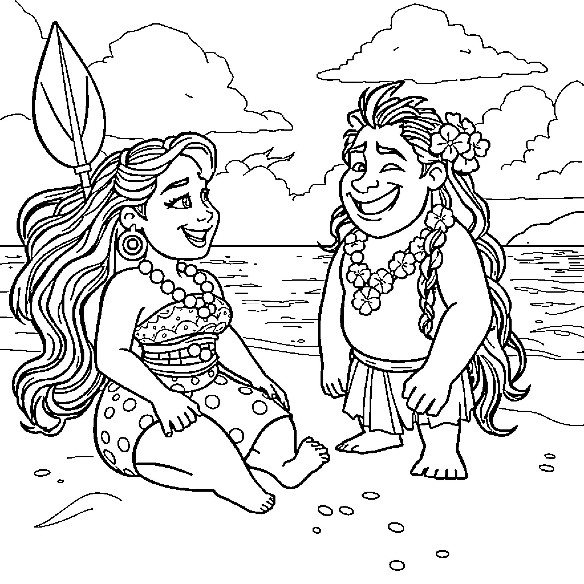 Moana and her friend enjoying the beach Coloring Page (free black-and-white line drawing printable PDF for all, from beginners to advanced learners, including children, teens, adults, and seniors)