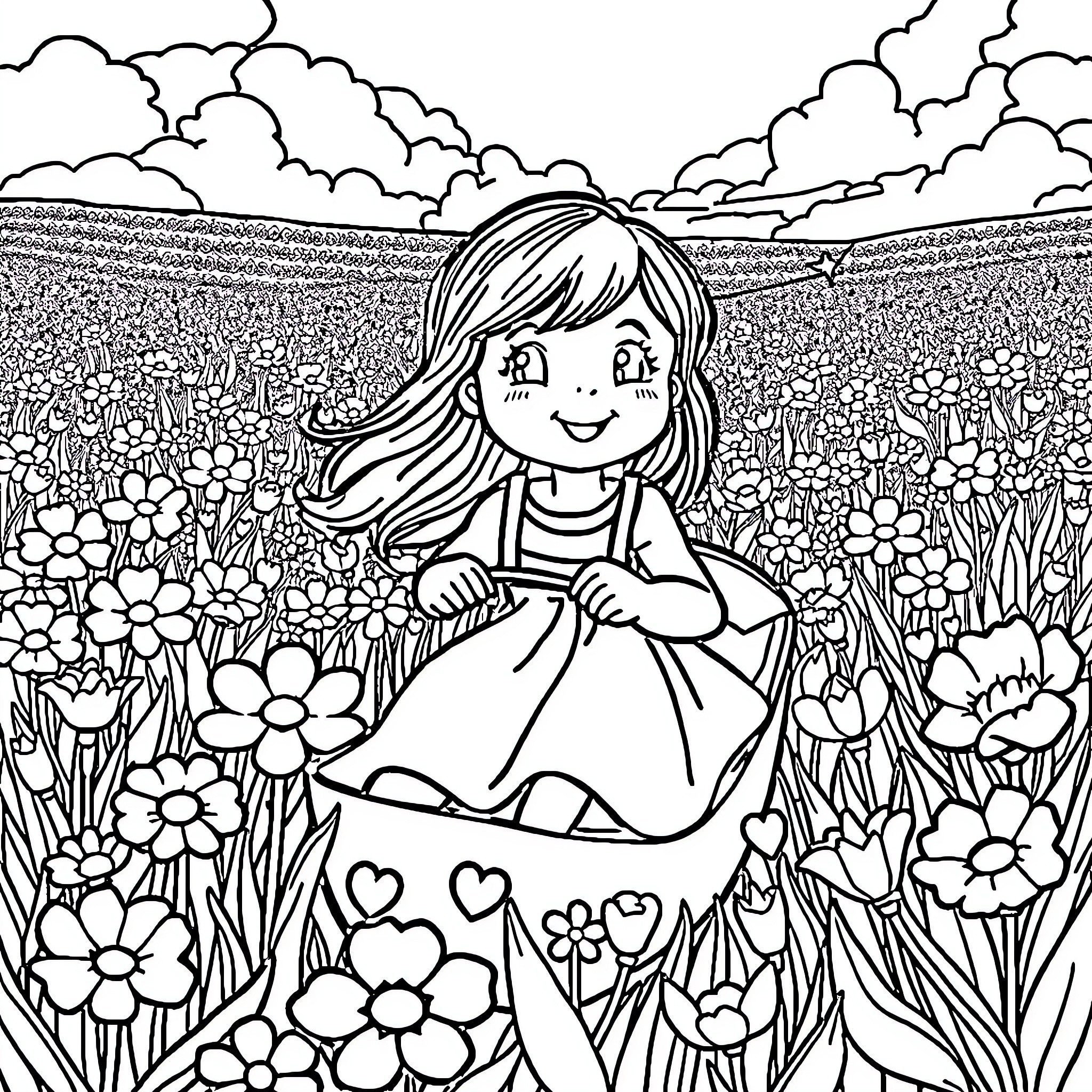 Girl enjoying a field of flowers on a cloudy day Coloring Page (free black-and-white line drawing printable PDF for all, from beginners to advanced learners, including children, teens, adults, and seniors)