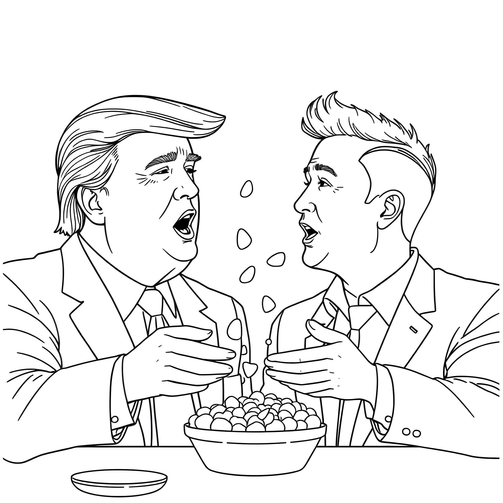 Donald Trump and businessman arguing over a bowl of eggs Coloring Page (free black-and-white line drawing printable PDF for all, from beginners to advanced learners, including children, teens, adults, and seniors)