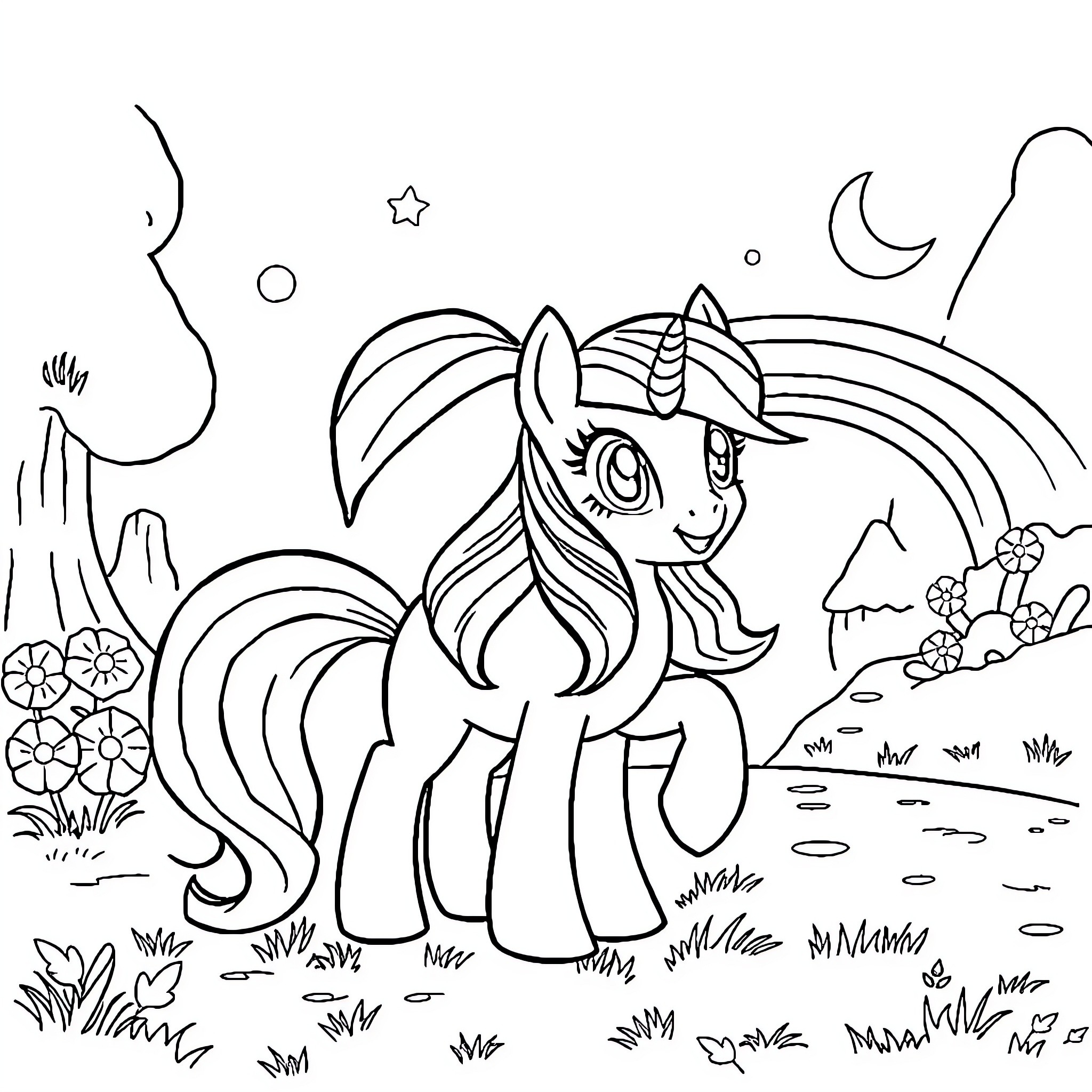 Pony exploring magical landscape Coloring Page (free black-and-white line drawing printable PDF for all, from beginners to advanced learners, including children, teens, adults, and seniors)