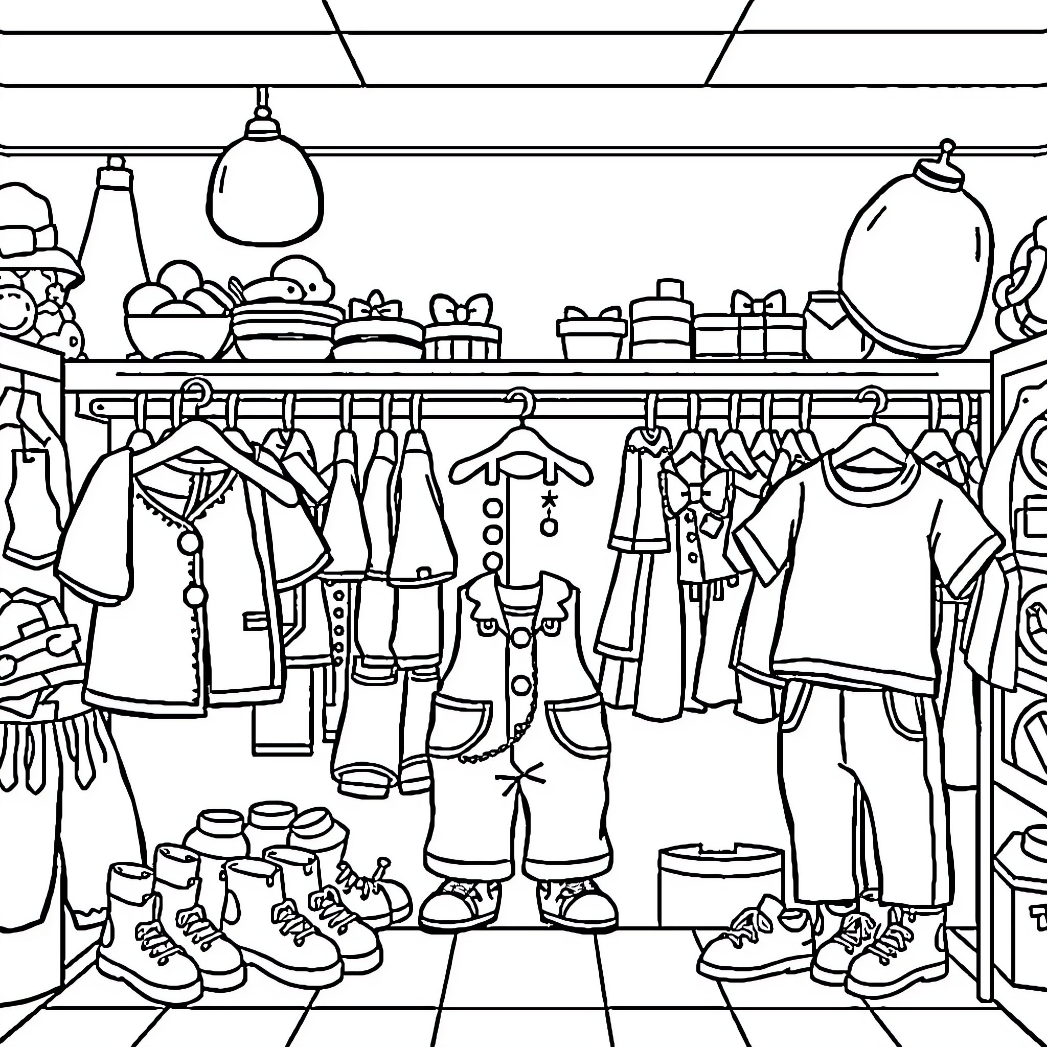 Baby Boy's Cozy Clothing Closet Coloring Page (free black-and-white line drawing printable PDF for all, from beginners to advanced learners, including children, teens, adults, and seniors)