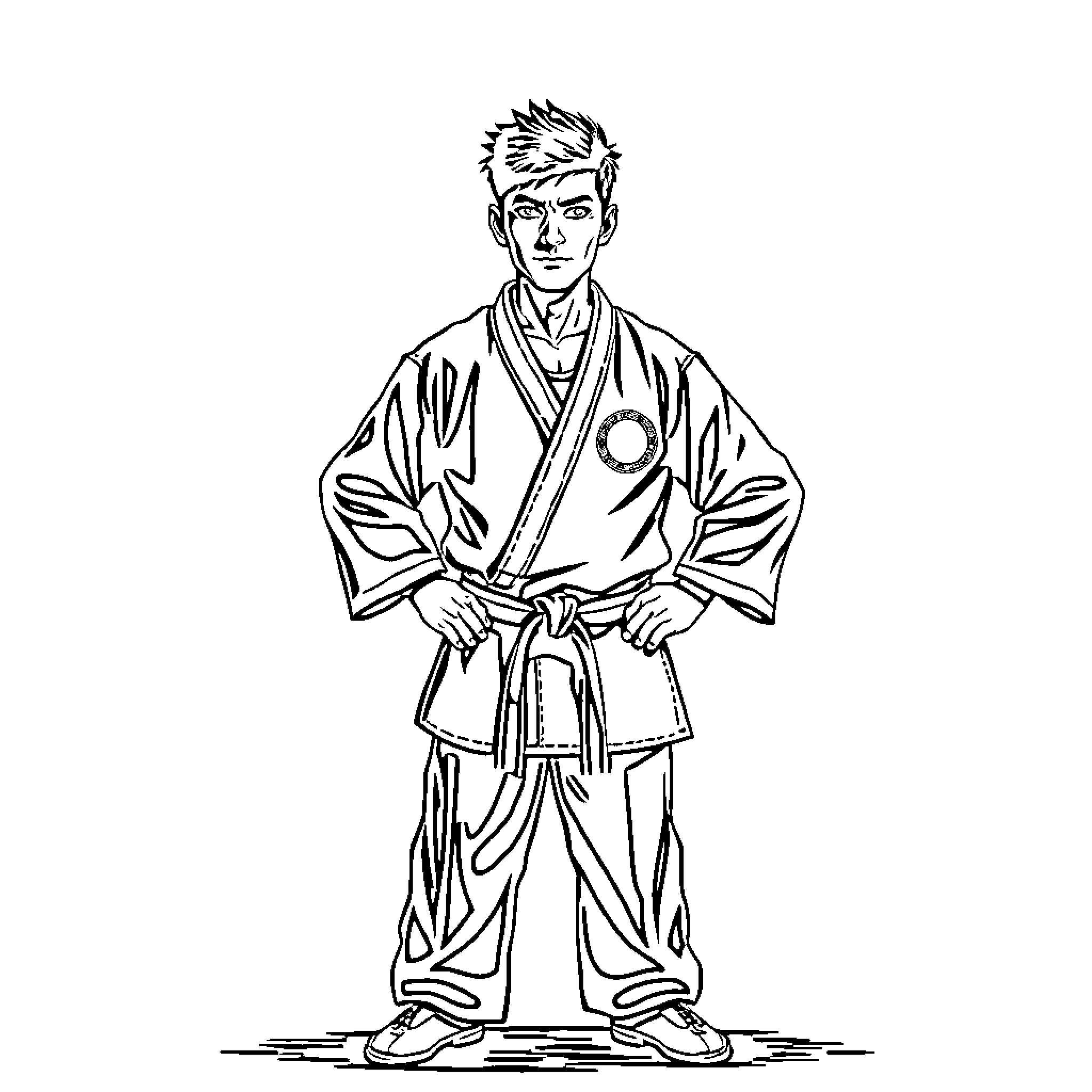 Taekwondo practitioner in uniform demonstrating stance Coloring Page (free black-and-white line drawing printable PDF for all, from beginners to advanced learners, including children, teens, adults, and seniors)