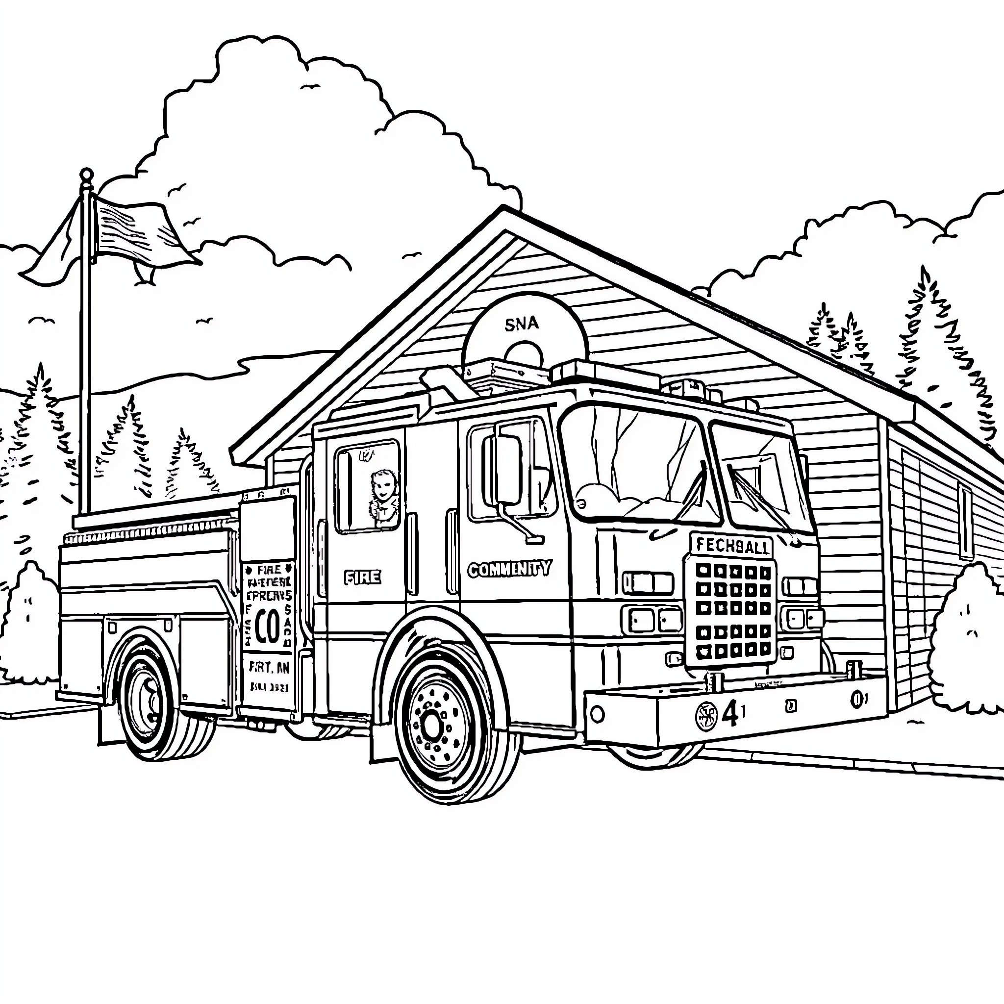 Fire Truck Responding to Emergency in Scenic Forest Coloring Page (free black-and-white line drawing printable PDF for all, from beginners to advanced learners, including children, teens, adults, and seniors)