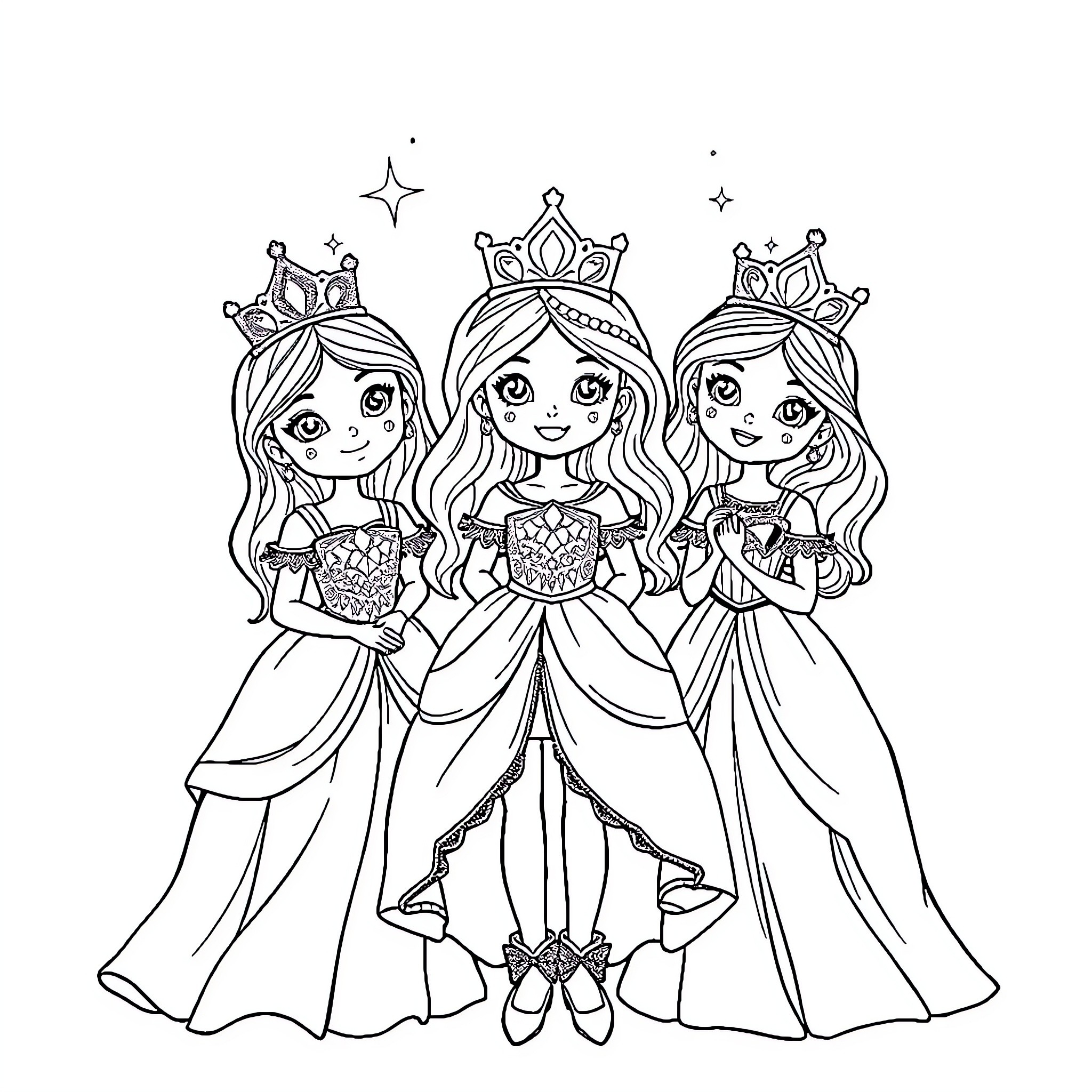 Girls in Enchanting Princess Dresses Coloring Page (free black-and-white line drawing printable PDF for all, from beginners to advanced learners, including children, teens, adults, and seniors)