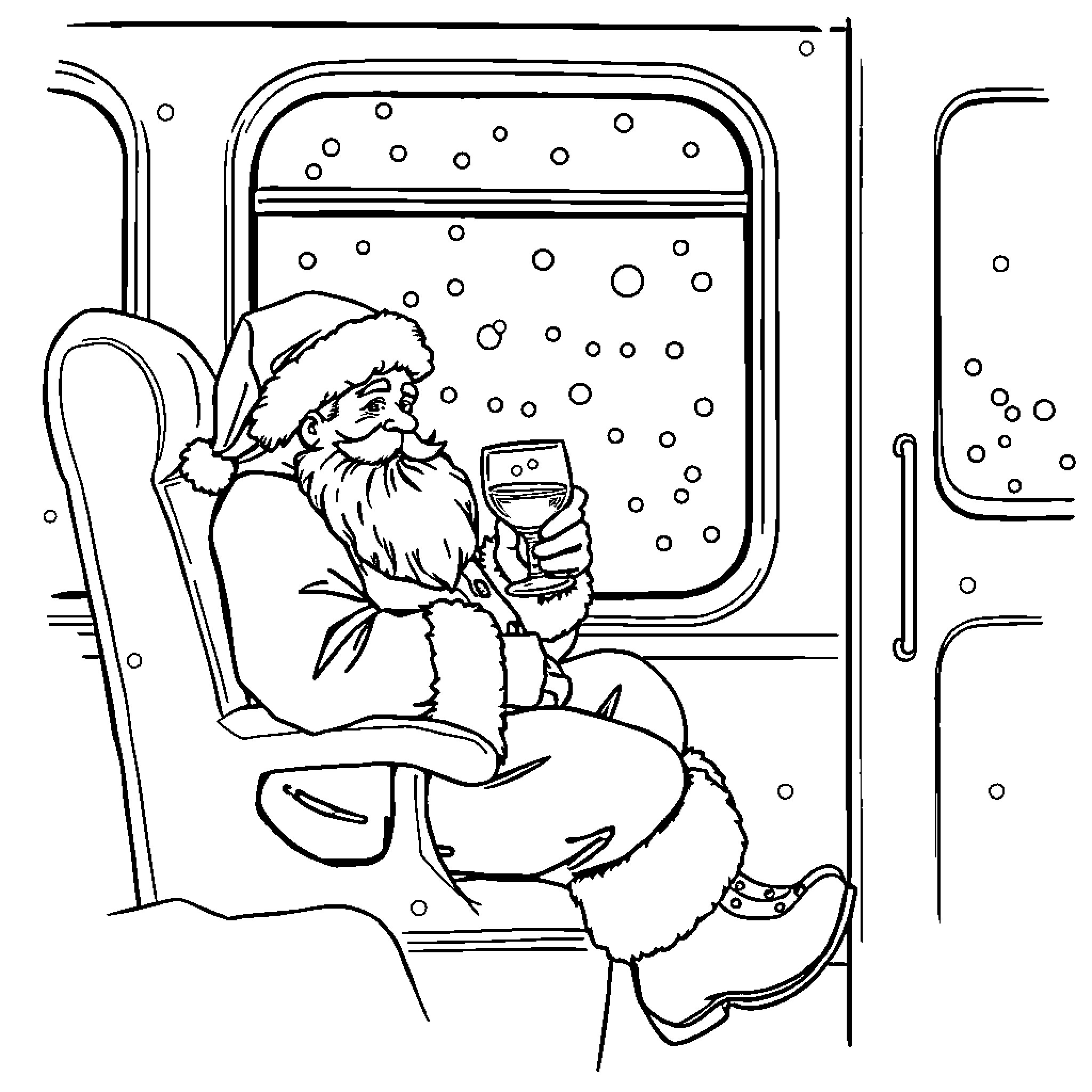 Santa Relaxing on the Train during Winter Coloring Page (free black-and-white line drawing printable PDF for all, from beginners to advanced learners, including children, teens, adults, and seniors)