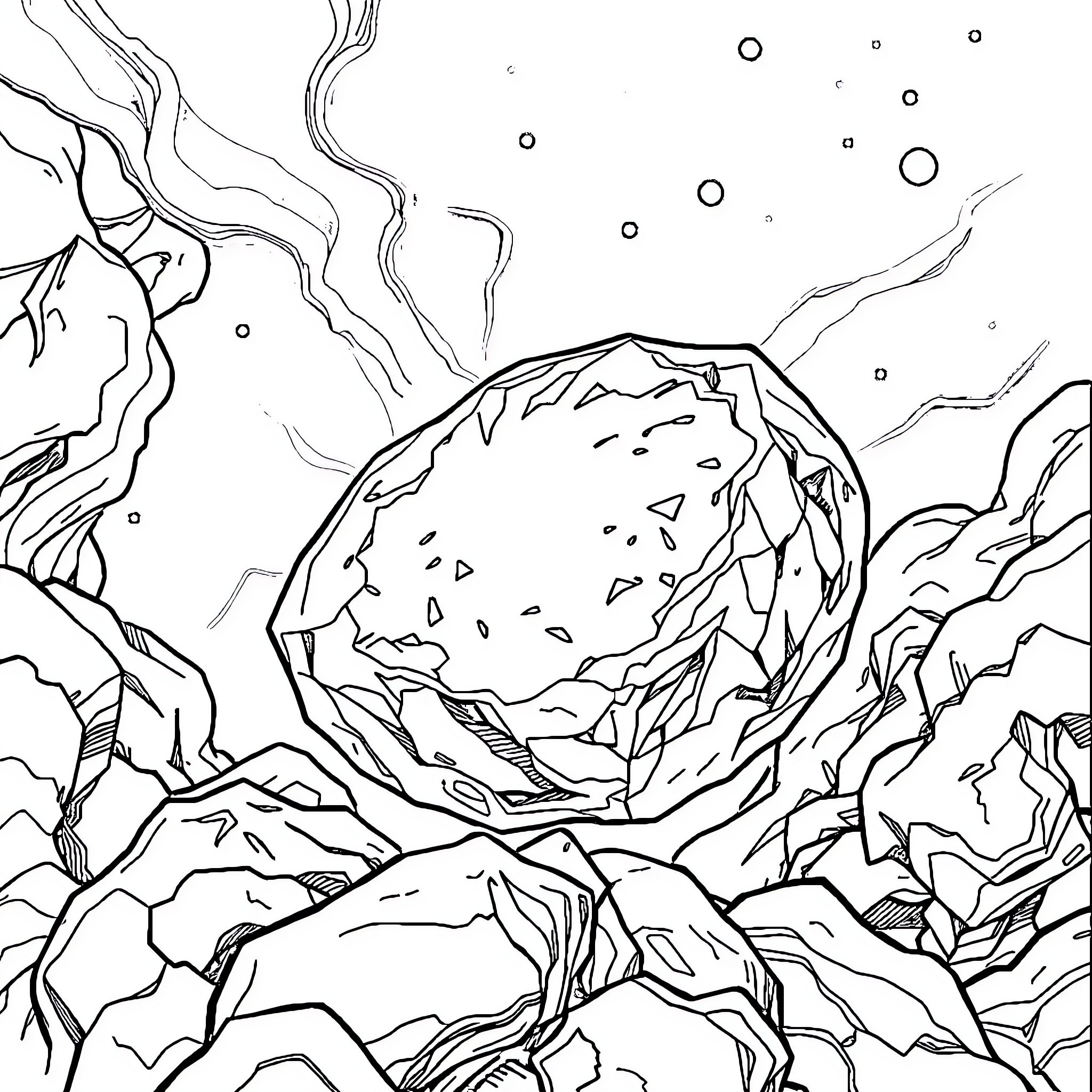 Kryptonite - Cosmic Landscapes of Alien Realms Coloring Page (free black-and-white line drawing printable PDF for all, from beginners to advanced learners, including children, teens, adults, and seniors)