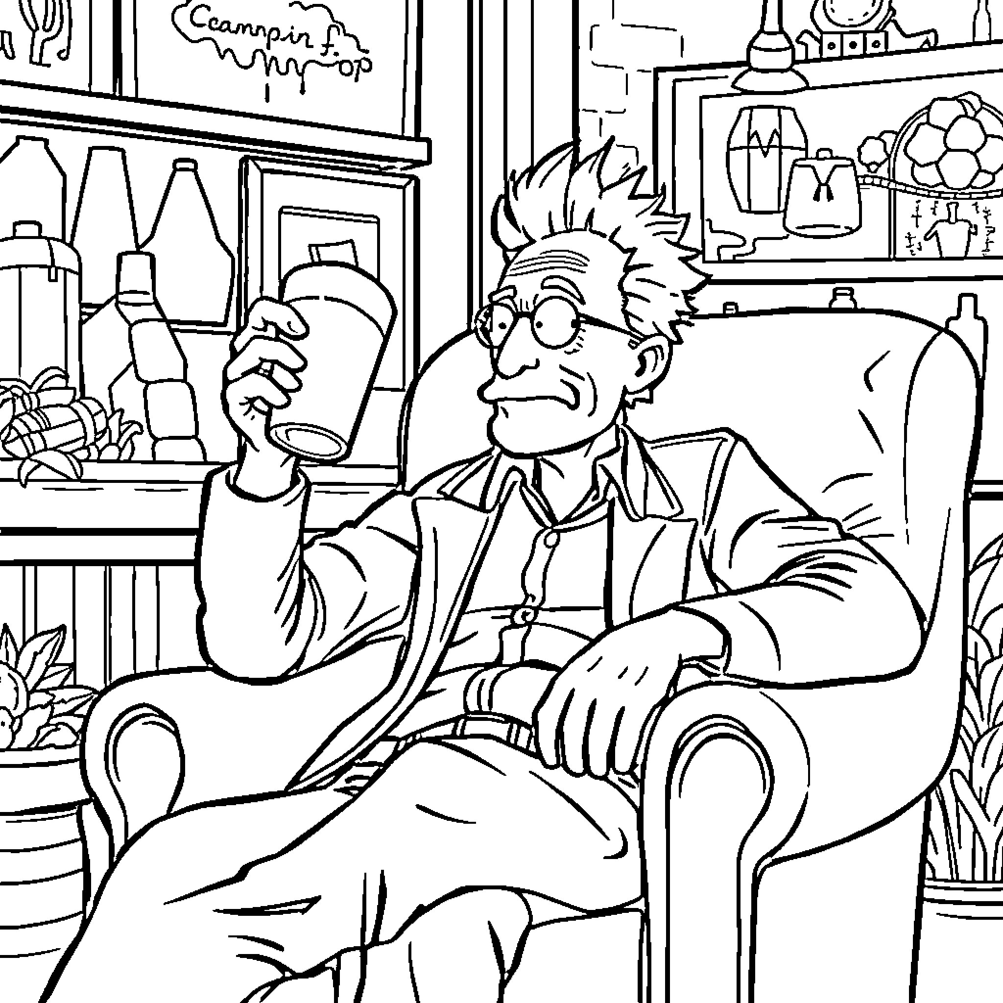 Rick's Eccentricity in the Study Coloring Page (free black-and-white line drawing printable PDF for all, from beginners to advanced learners, including children, teens, adults, and seniors)