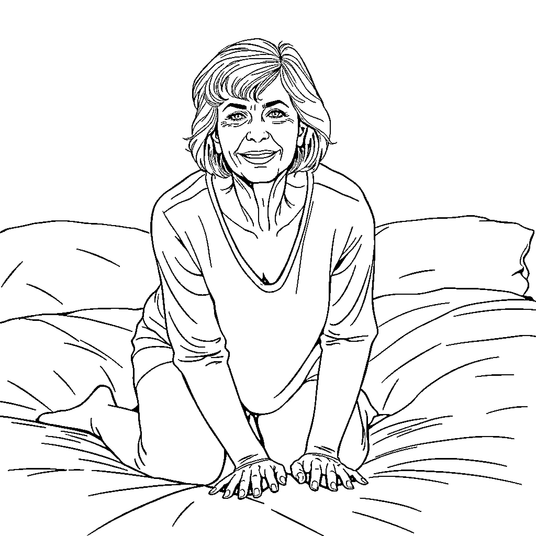 Woman smiling and posing on the ground Coloring Page (free black-and-white line drawing printable PDF for all, from beginners to advanced learners, including children, teens, adults, and seniors)