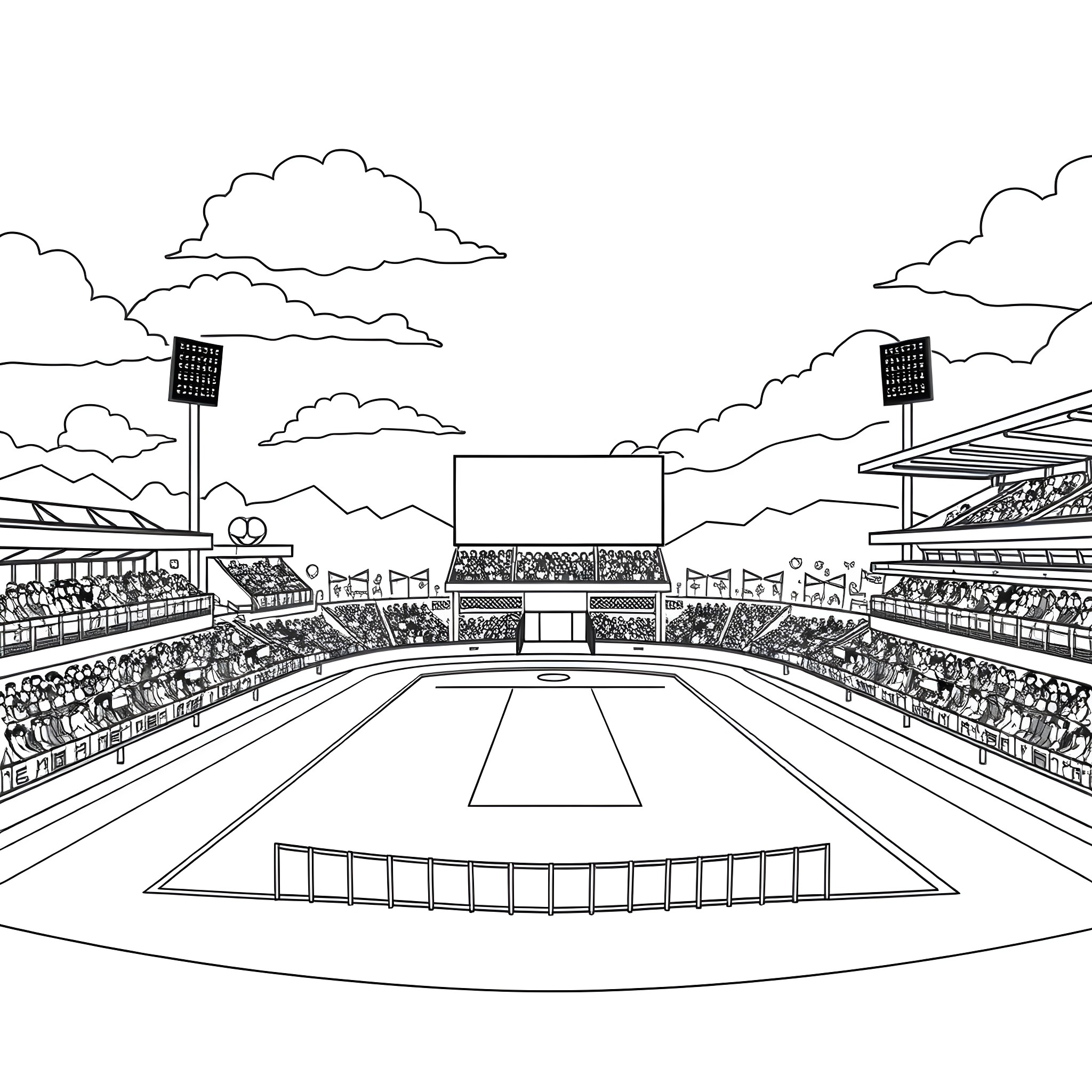 Cricket stadium with players and spectators Coloring Page (free black-and-white line drawing printable PDF for all, from beginners to advanced learners, including children, teens, adults, and seniors)