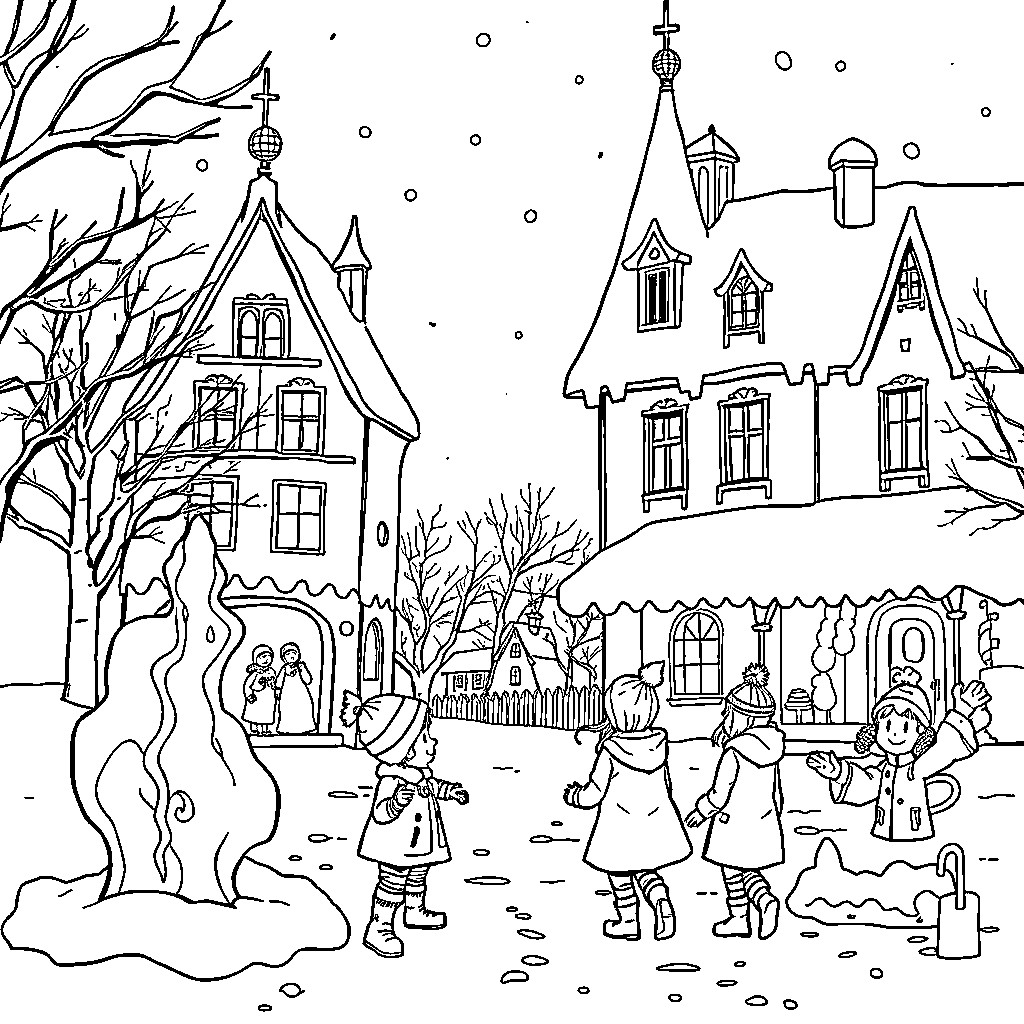 Queen's Winter Wonderland: Festive Scenes in a Snowy Village Coloring Page (free black-and-white line drawing printable PDF for all, from beginners to advanced learners, including children, teens, adults, and seniors)