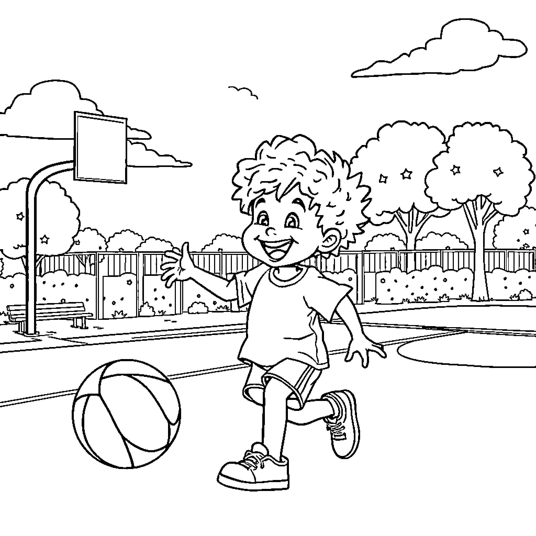 Boy playing happily with basketball on the court Coloring Page (free black-and-white line drawing printable PDF for all, from beginners to advanced learners, including children, teens, adults, and seniors)