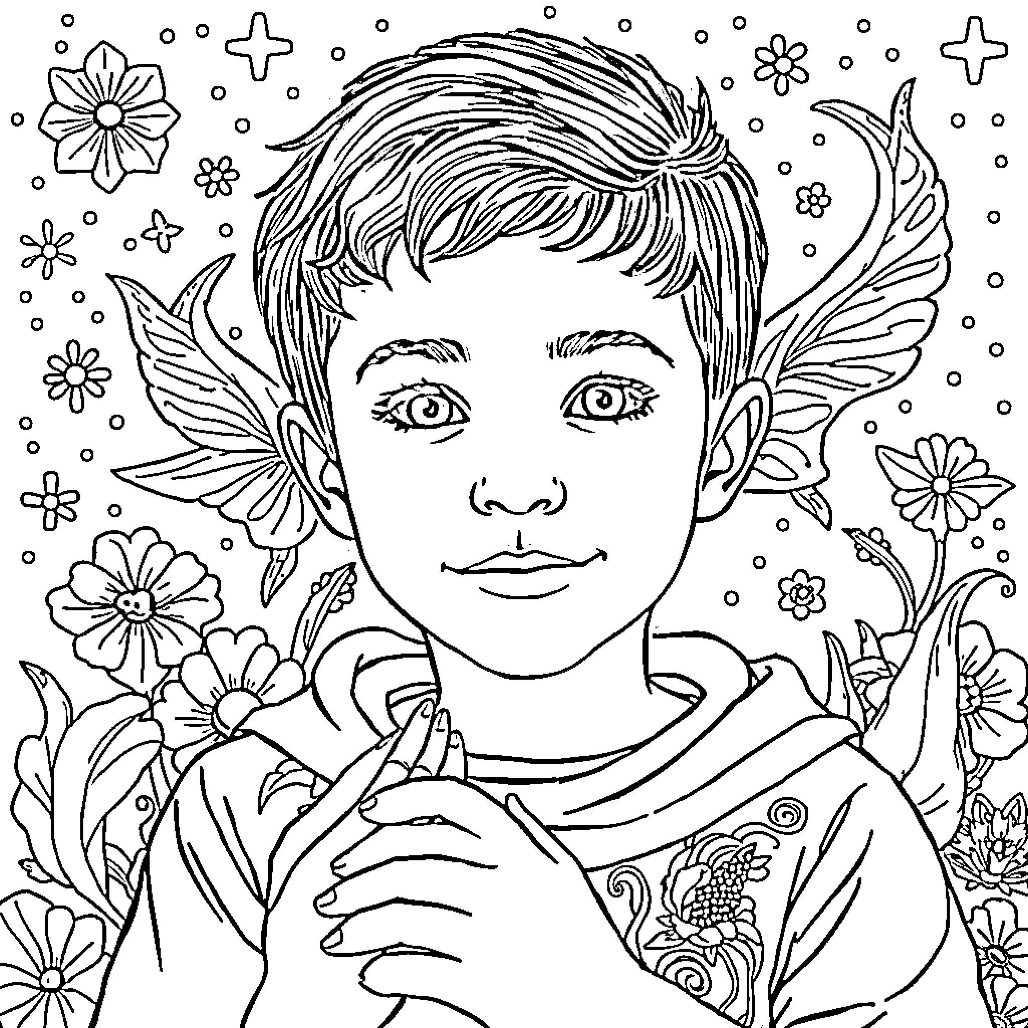 Child with Whimsical Floral Surroundings Coloring Page (free black-and-white line drawing printable PDF for all, from beginners to advanced learners, including children, teens, adults, and seniors)