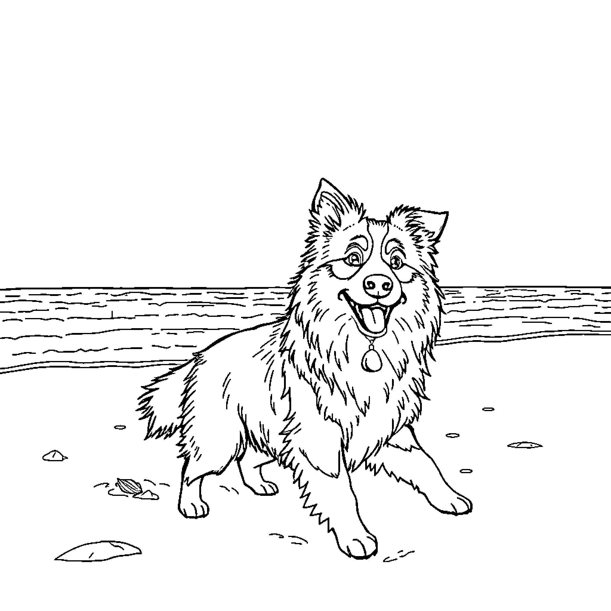 Shetland Sheepdog playing happily on the beach Coloring Page (free black-and-white line drawing printable PDF for all, from beginners to advanced learners, including children, teens, adults, and seniors)