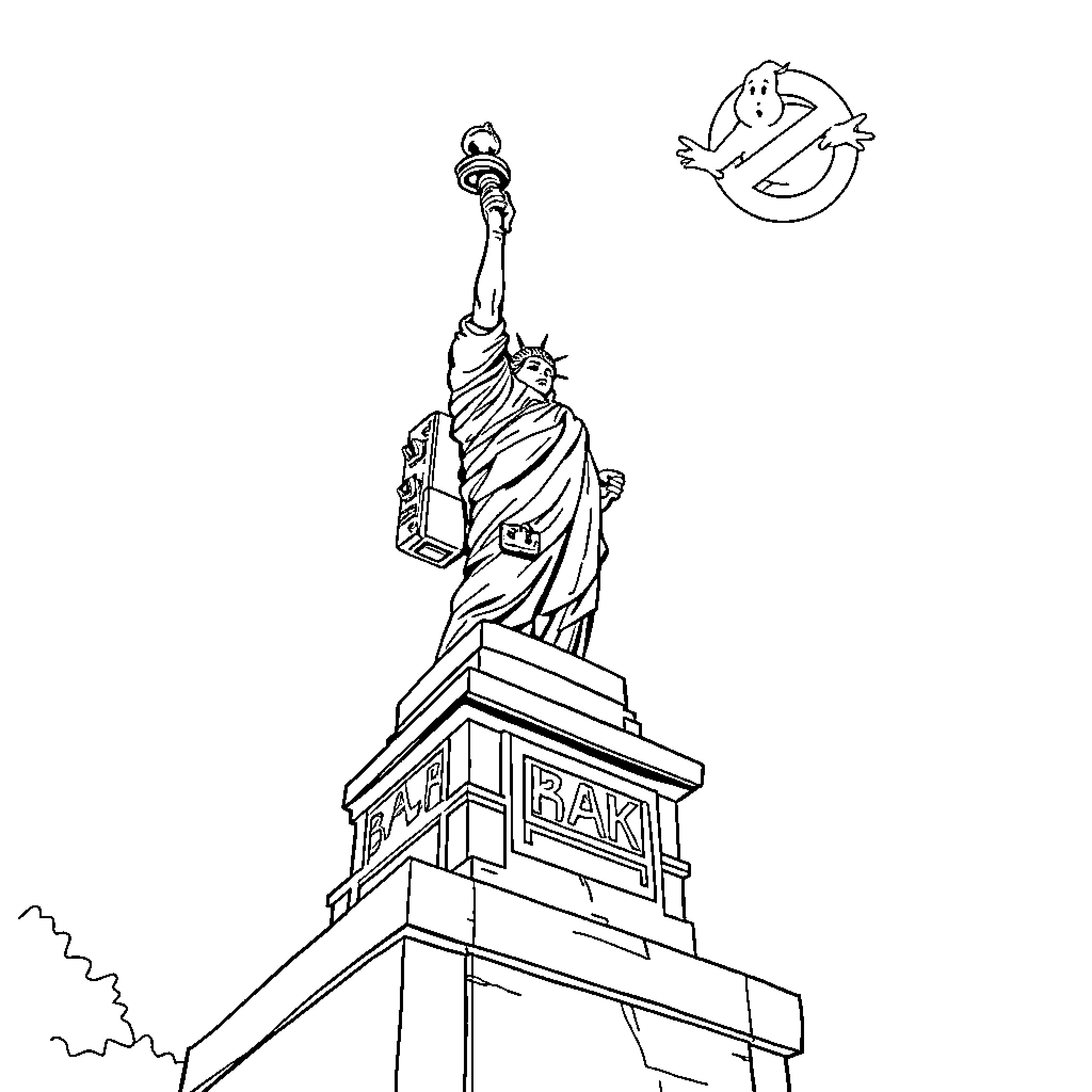 Ghostbusters exploring iconic New York landmark Coloring Page (free black-and-white line drawing printable PDF for all, from beginners to advanced learners, including children, teens, adults, and seniors)