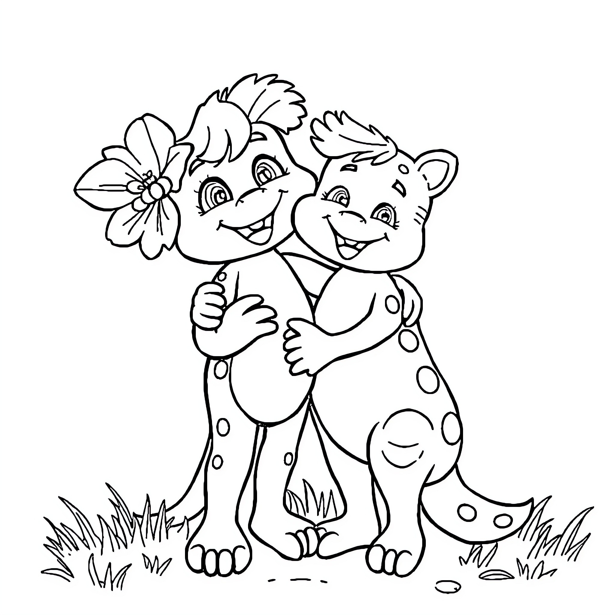 Helpmate creatures playing in the garden Coloring Page (free black-and-white line drawing printable PDF for all, from beginners to advanced learners, including children, teens, adults, and seniors)