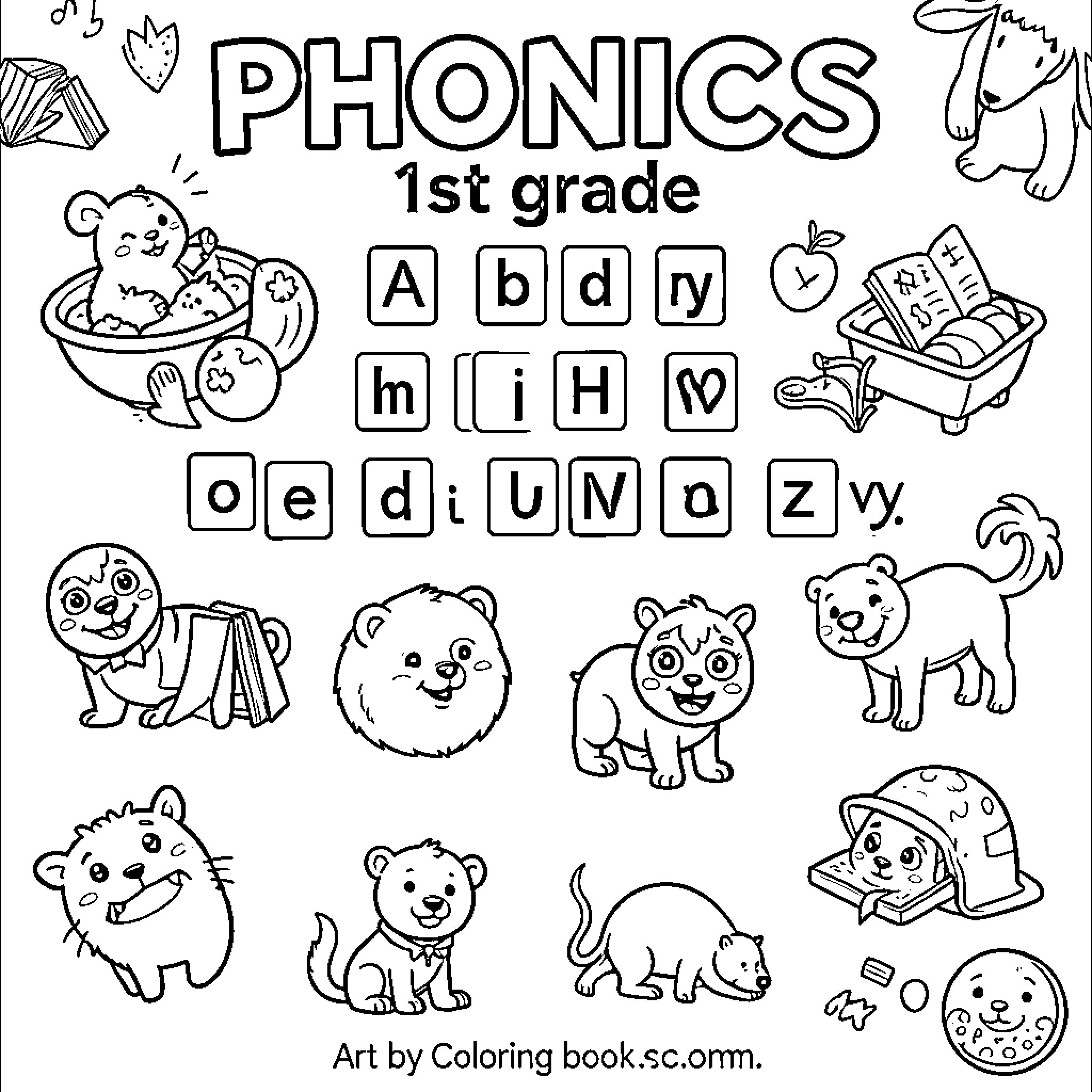 Phonics learning with various cute animals and letters Coloring Page (free black-and-white line drawing printable PDF for all, from beginners to advanced learners, including children, teens, adults, and seniors)