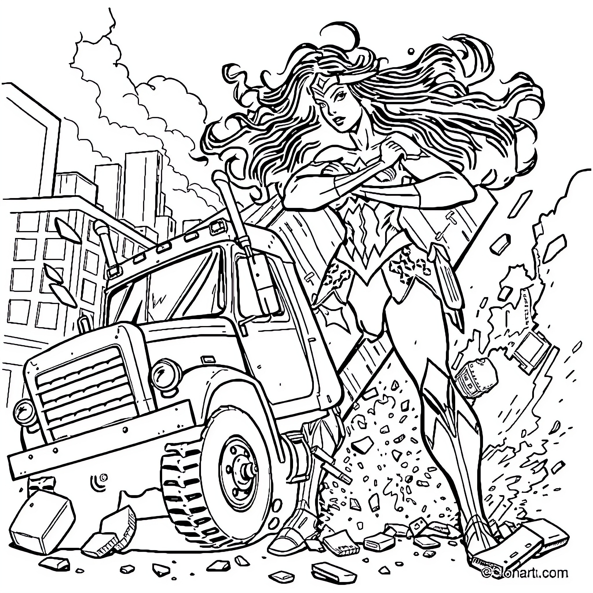 Wonder Woman Battles Through Debris and Destruction Coloring Page (free black-and-white line drawing printable PDF for all, from beginners to advanced learners, including children, teens, adults, and seniors)