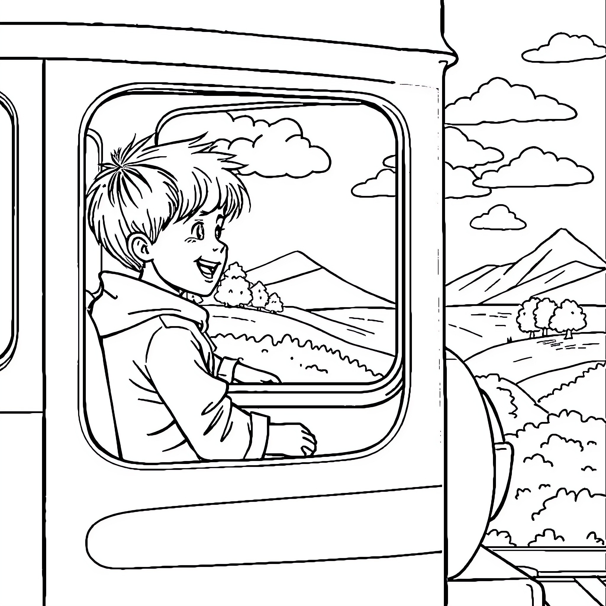 Boy gazing out of train window at scenic landscape Coloring Page (free black-and-white line drawing printable PDF for all, from beginners to advanced learners, including children, teens, adults, and seniors)