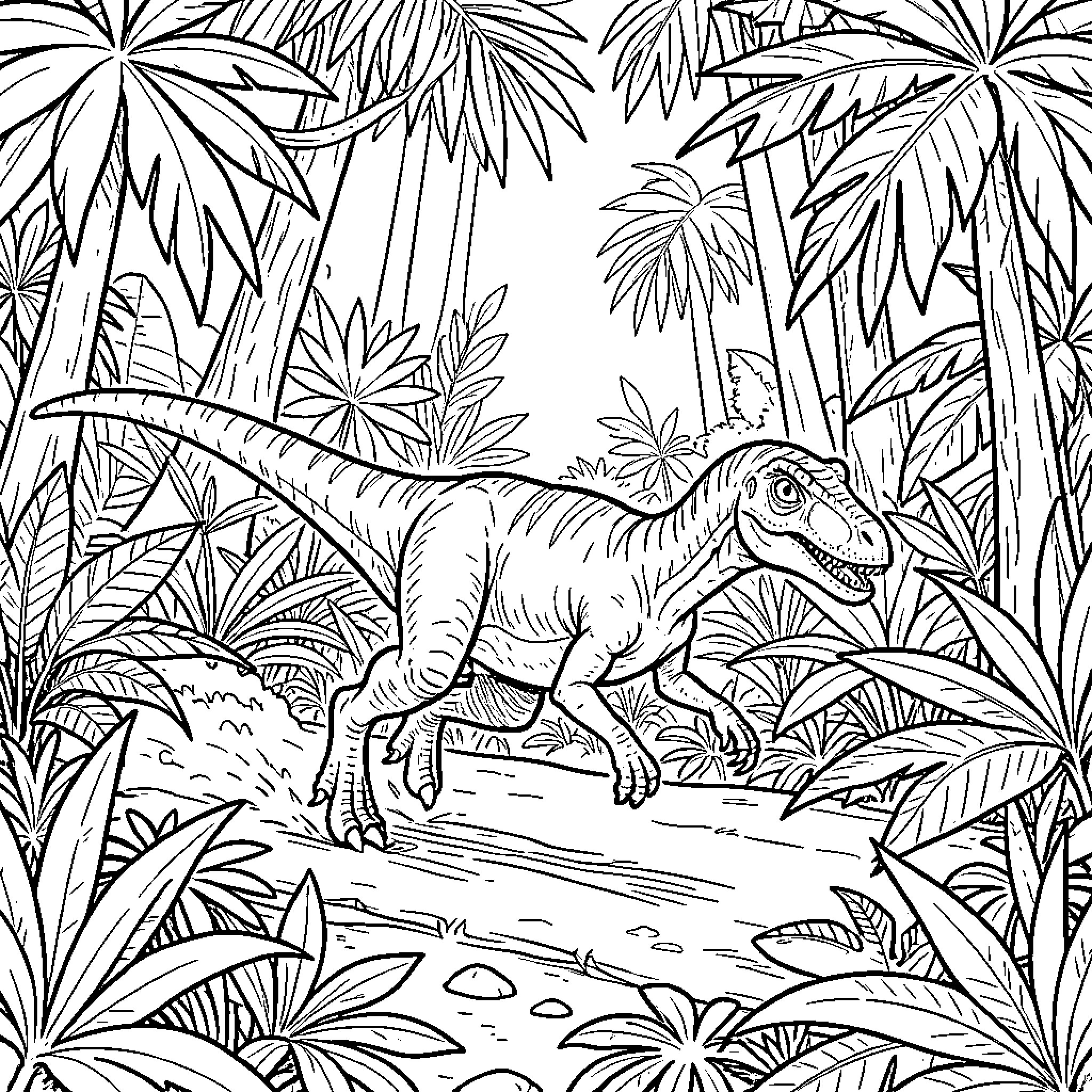 Velociraptor prowling through dense jungle foliage Coloring Page (free black-and-white line drawing printable PDF for all, from beginners to advanced learners, including children, teens, adults, and seniors)