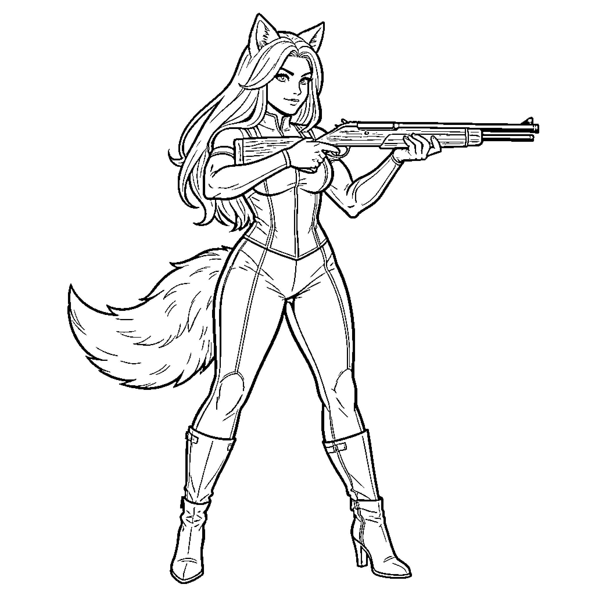 Woman in Futuristic Attire Wielding Weapon Coloring Page (free black-and-white line drawing printable PDF for all, from beginners to advanced learners, including children, teens, adults, and seniors)