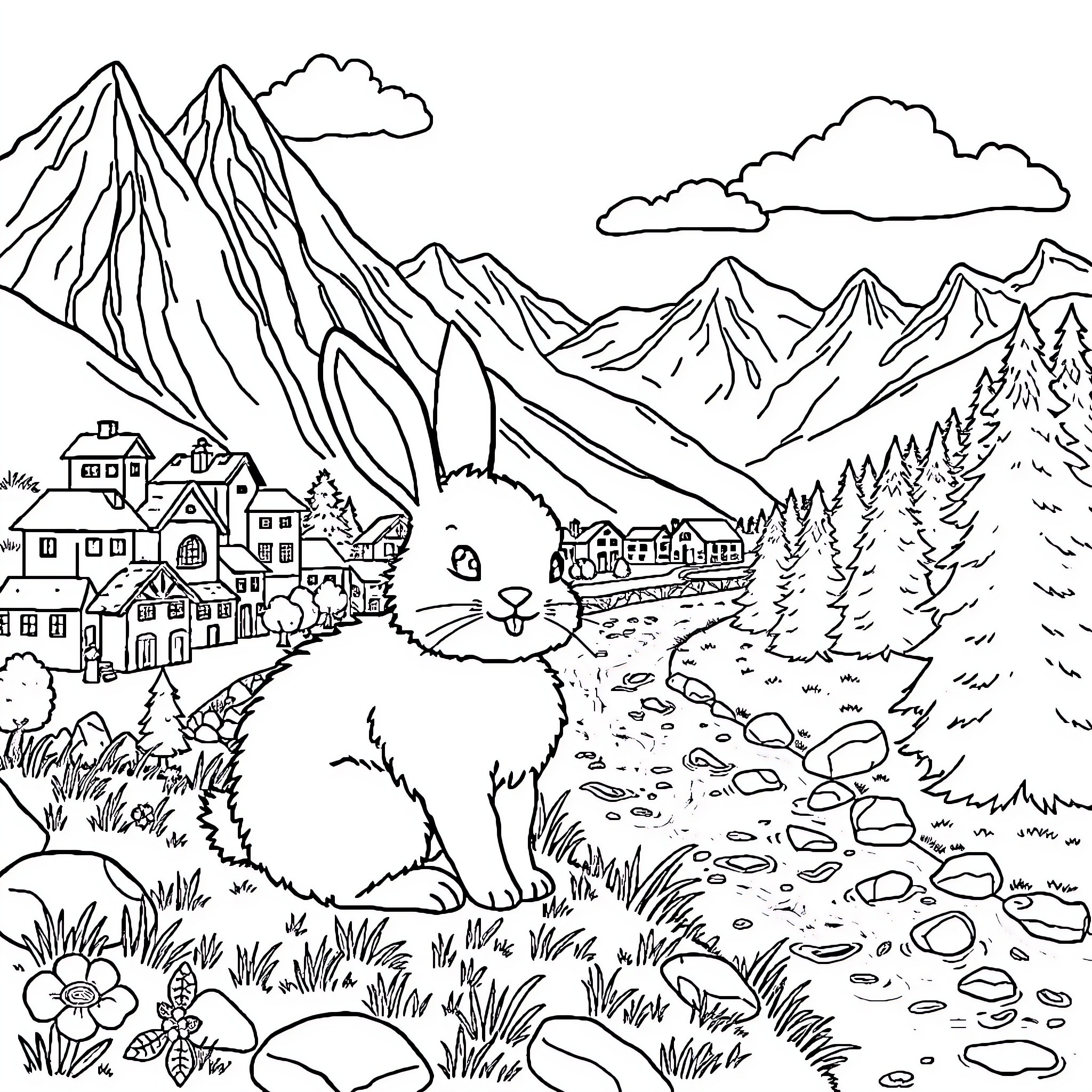Rabbit enjoying the scenic mountain landscape Coloring Page (free black-and-white line drawing printable PDF for all, from beginners to advanced learners, including children, teens, adults, and seniors)