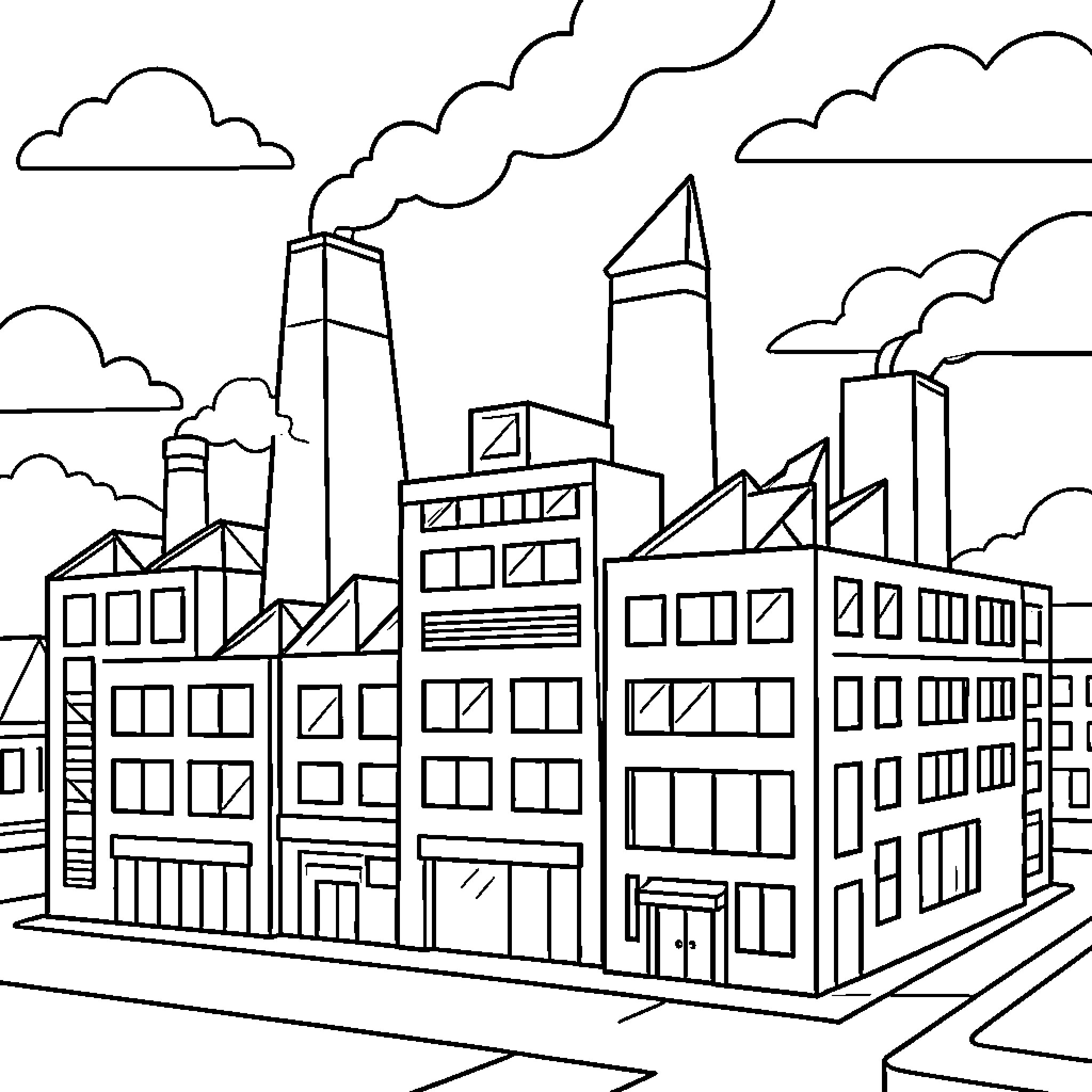 Factory buildings releasing smoke into the sky Coloring Page (free black-and-white line drawing printable PDF for all, from beginners to advanced learners, including children, teens, adults, and seniors)