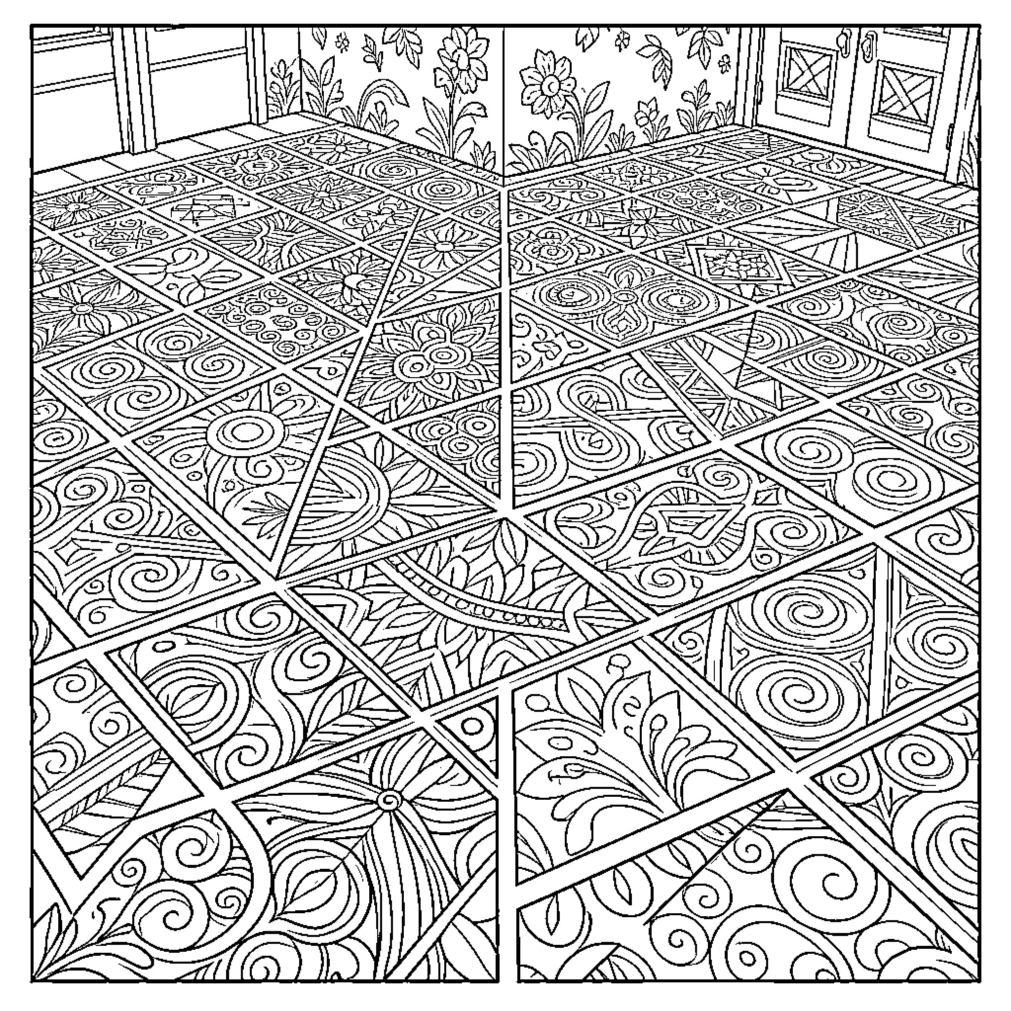 Coco Wyo intricate floral patterns on a tiled floor Coloring Page (free black-and-white line drawing printable PDF for all, from beginners to advanced learners, including children, teens, adults, and seniors)