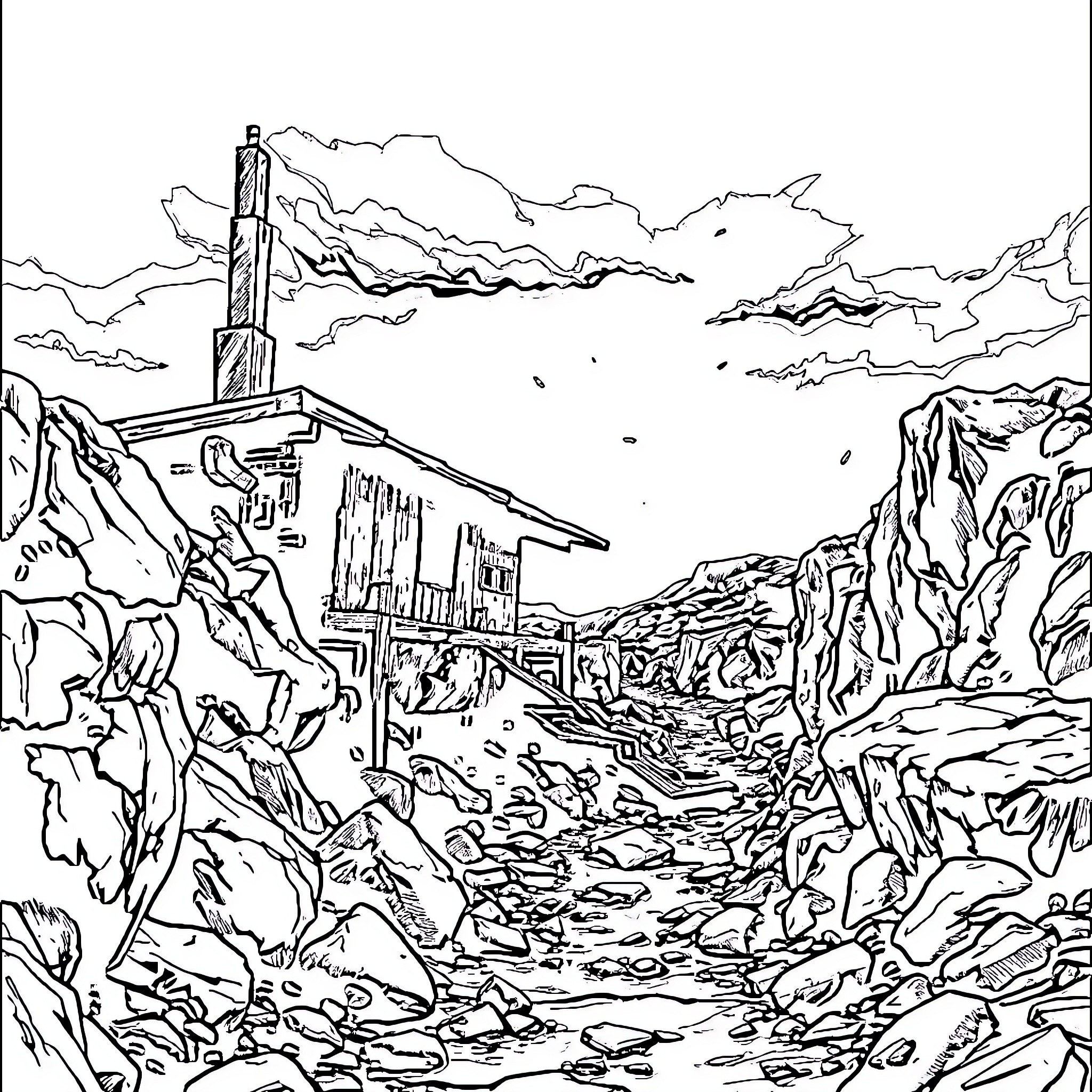 Gritty Alien Outpost Landscape Coloring Page (free black-and-white line drawing printable PDF for all, from beginners to advanced learners, including children, teens, adults, and seniors)