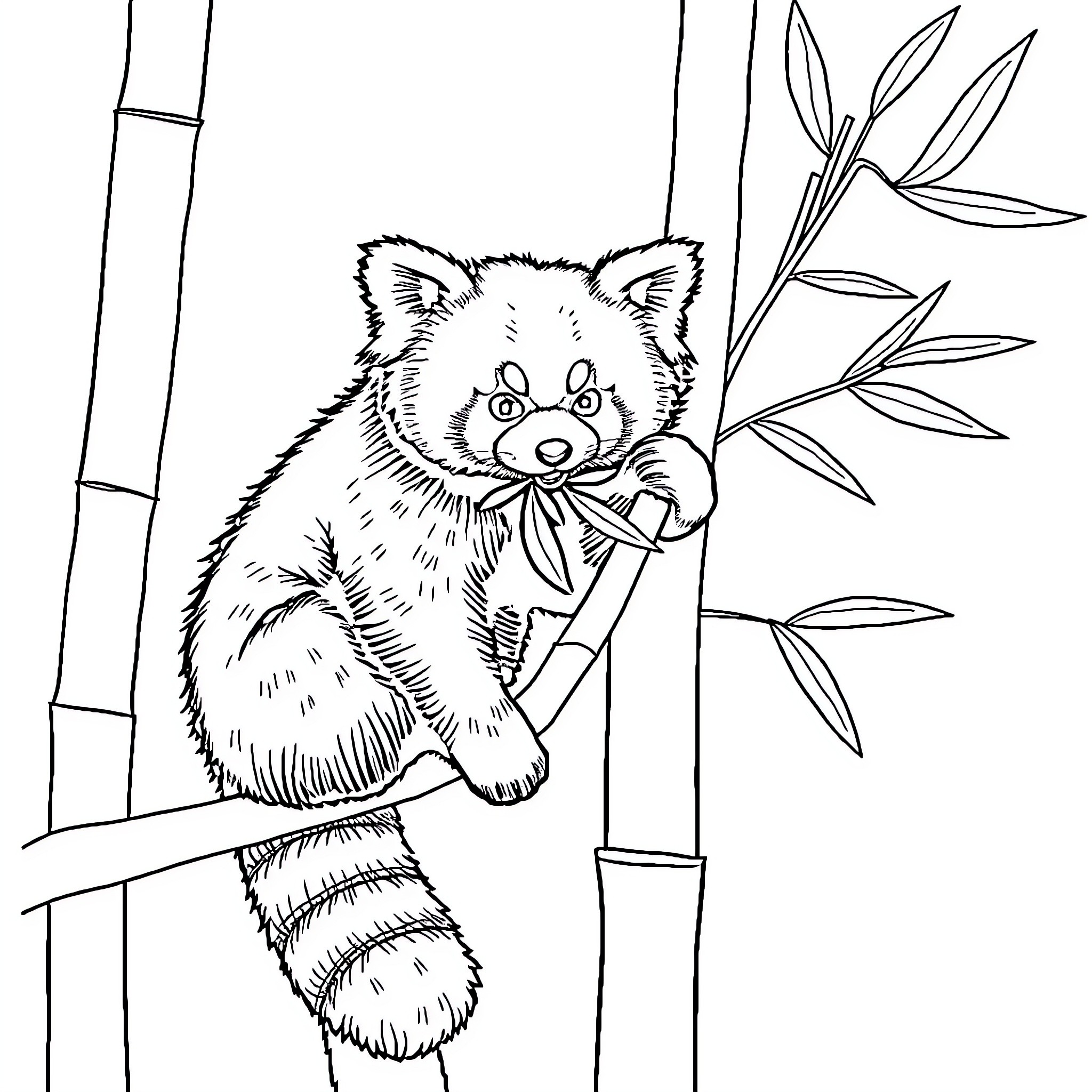 Red Panda exploring bamboo forest Coloring Page (free black-and-white line drawing printable PDF for all, from beginners to advanced learners, including children, teens, adults, and seniors)